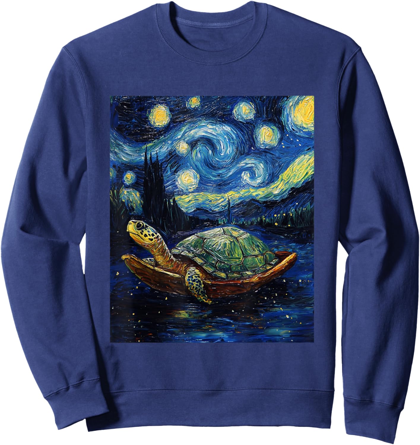 Cute Tortoise Turtle - Van Gogh Style - Starry Night Graphic Sweatshirt - Sweatshirt | Navy