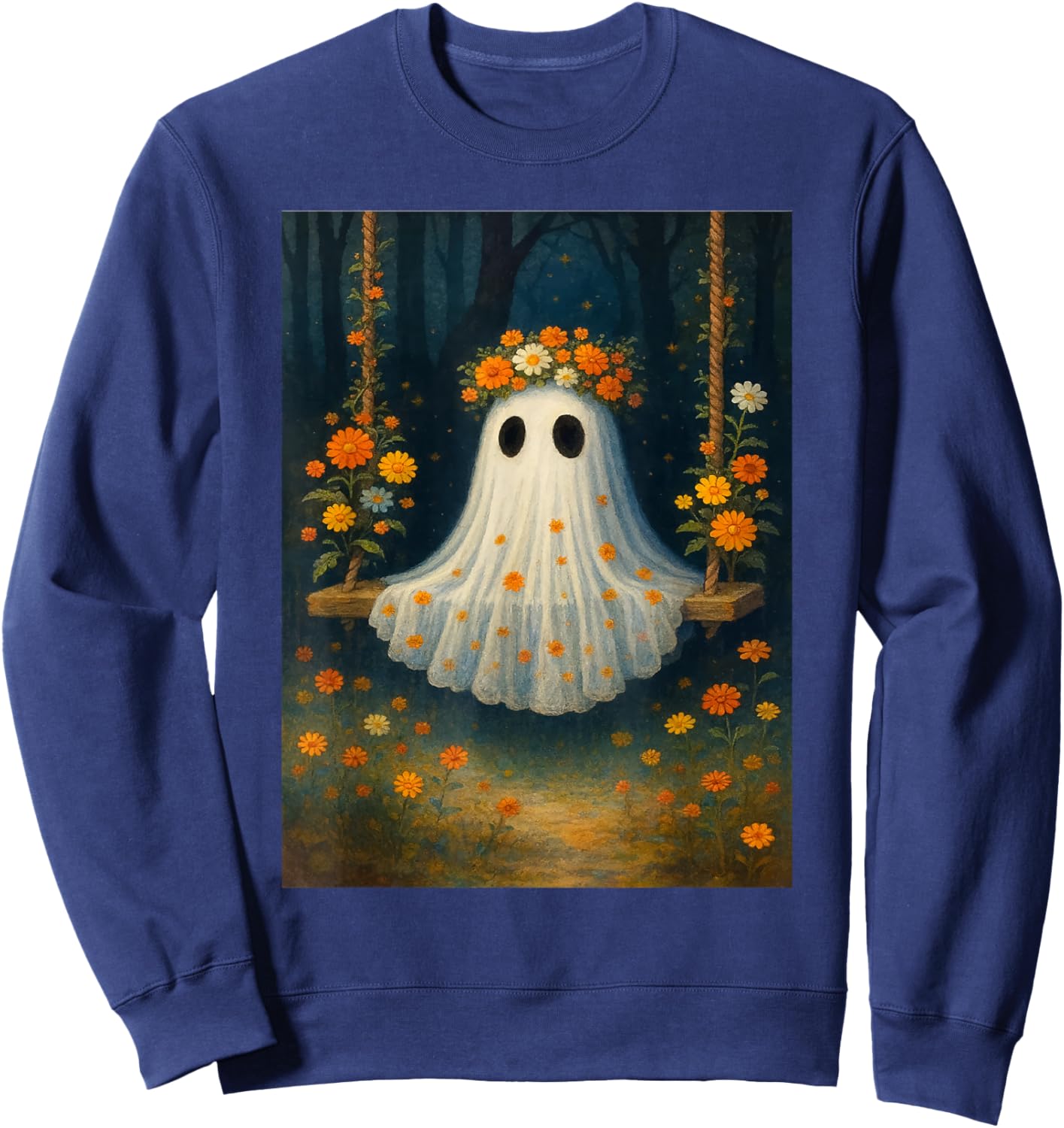 Vintage Floral Ghost Halloween Ghost in The Forest Gothic Sweatshirt - Sweatshirt | Navy