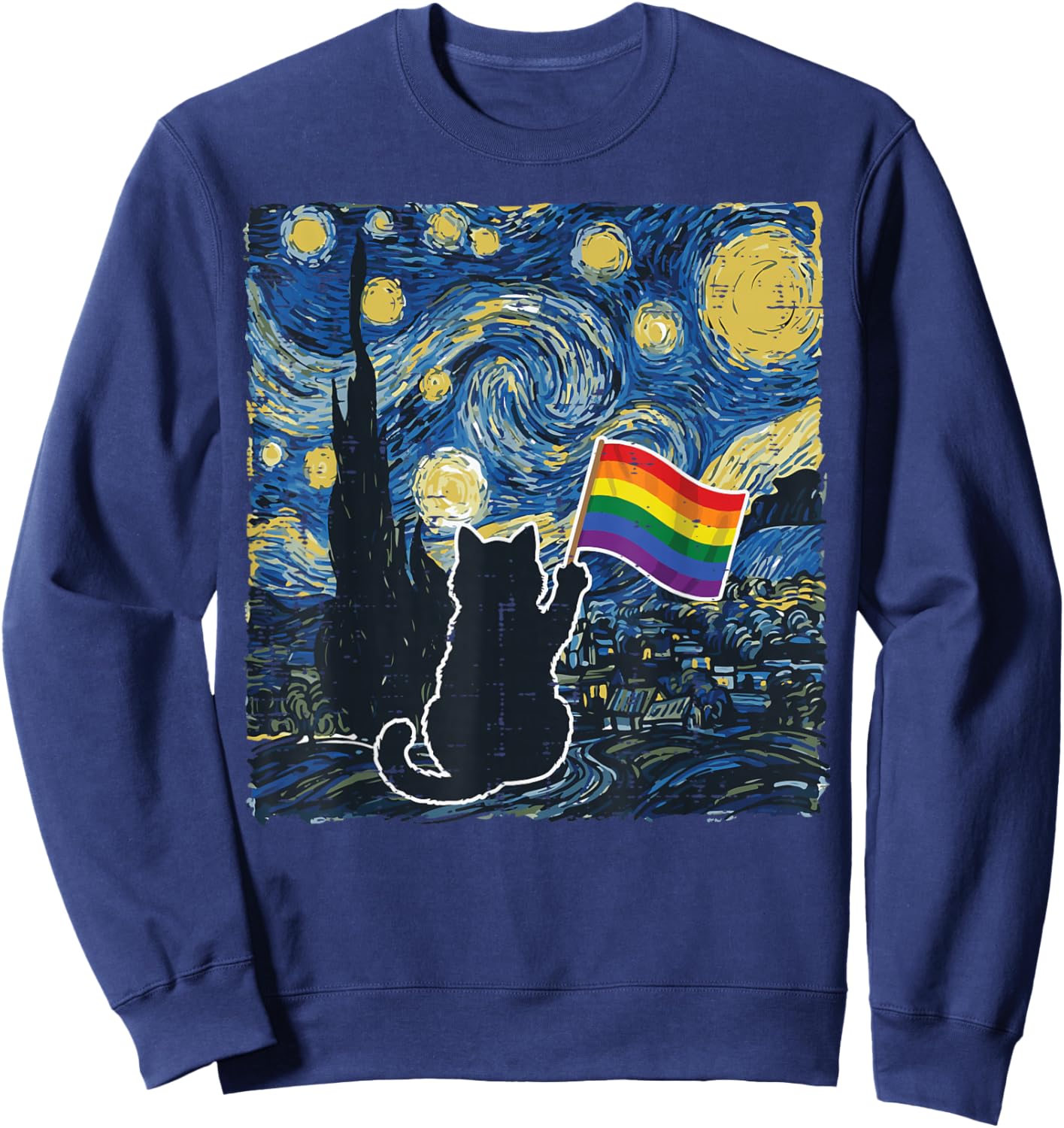 Starry Night Cat Rainbow Flag Funny Gay Pride LGBT Men Women Sweatshirt - Sweatshirt | Navy