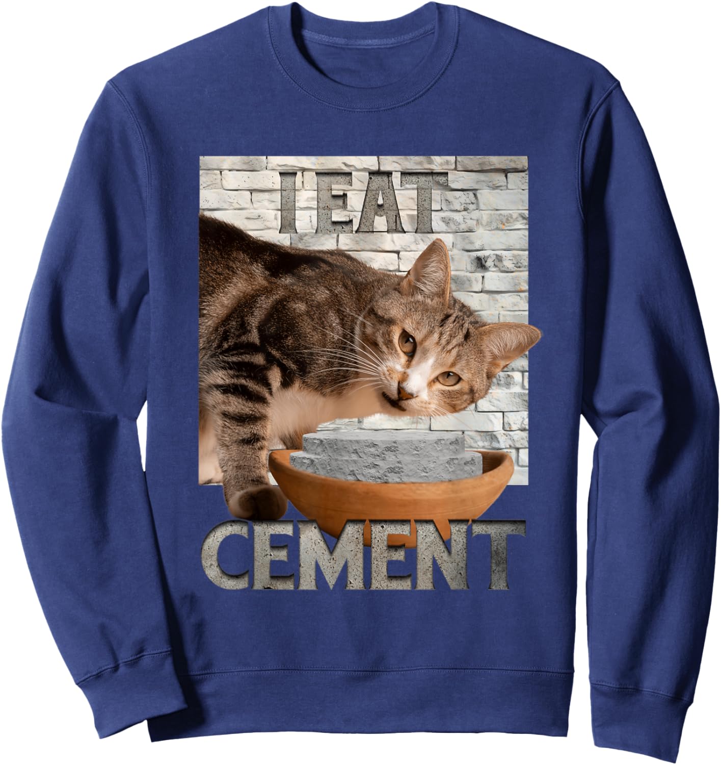 I Eat Cement Humorous Cursed Cat Funny Meme Graphic Sweatshirt - Sweatshirt | Navy
