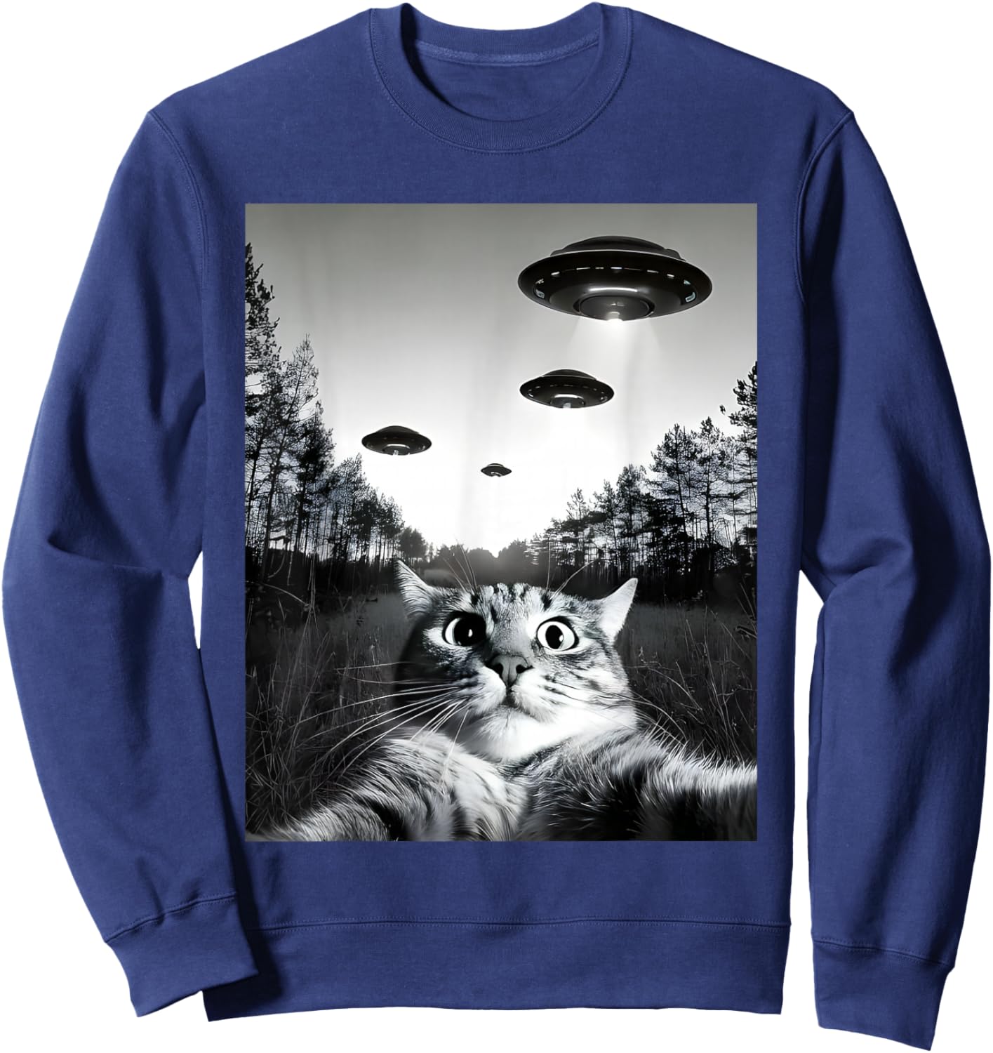 Funny Cat Selfie with UFOs Sweatshirt - Sweatshirt | Navy