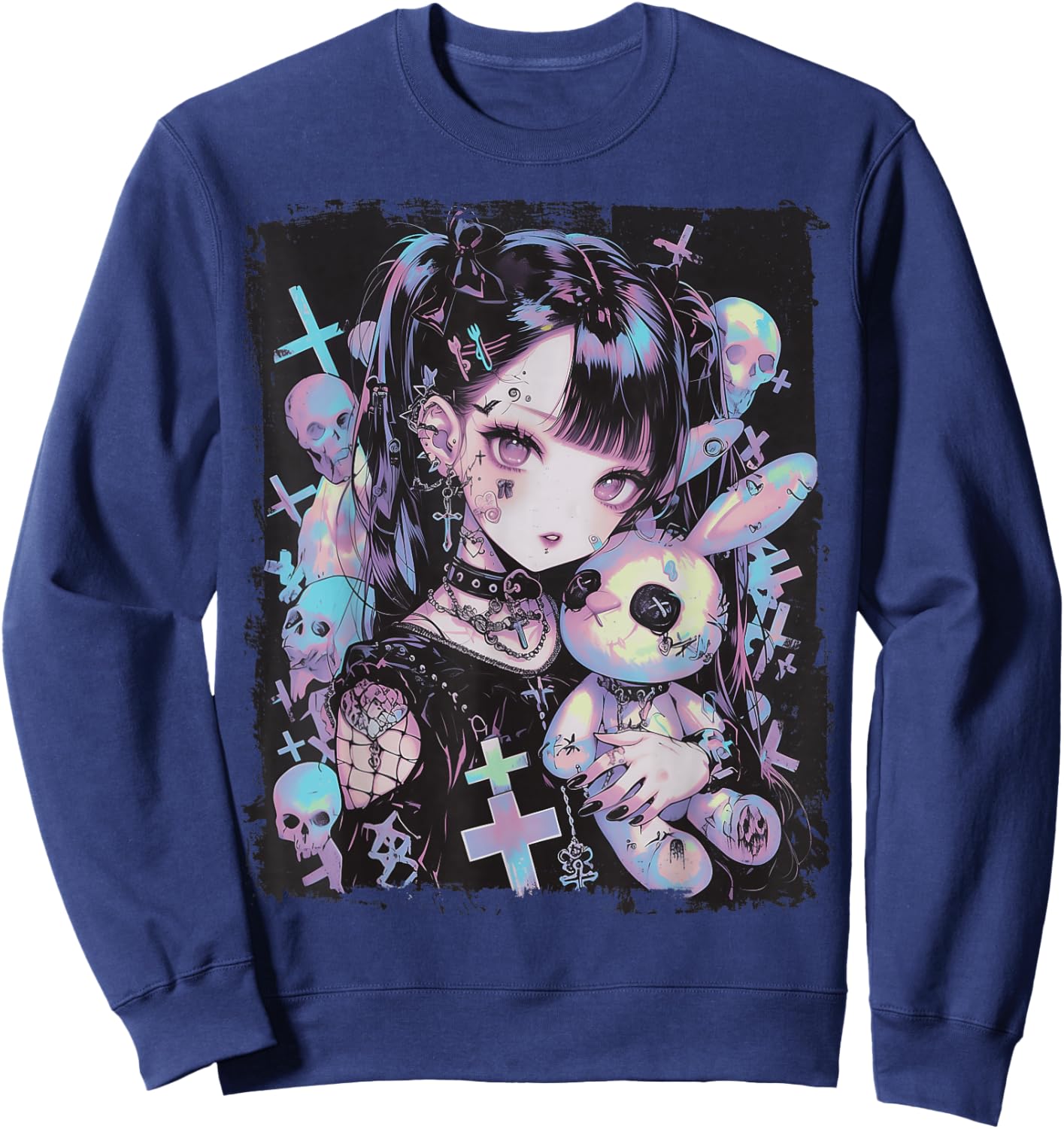 Anime Girl Goth Bunny Cute E-Girl Gothic Outfit Grunge Sweatshirt - Sweatshirt | Navy