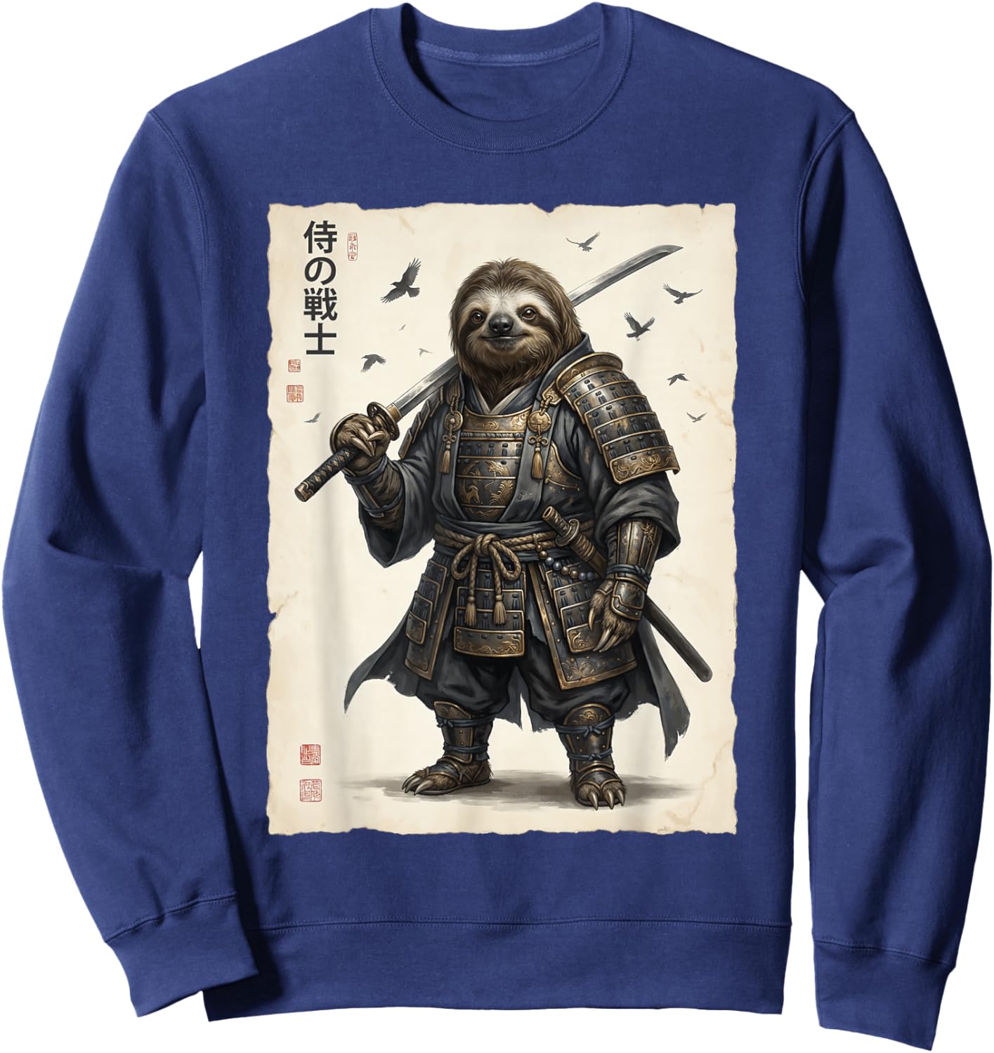 Samurai Sloth Warrior Retro Japanese Art Anime Graphic Sweatshirt - Sweatshirt | Navy
