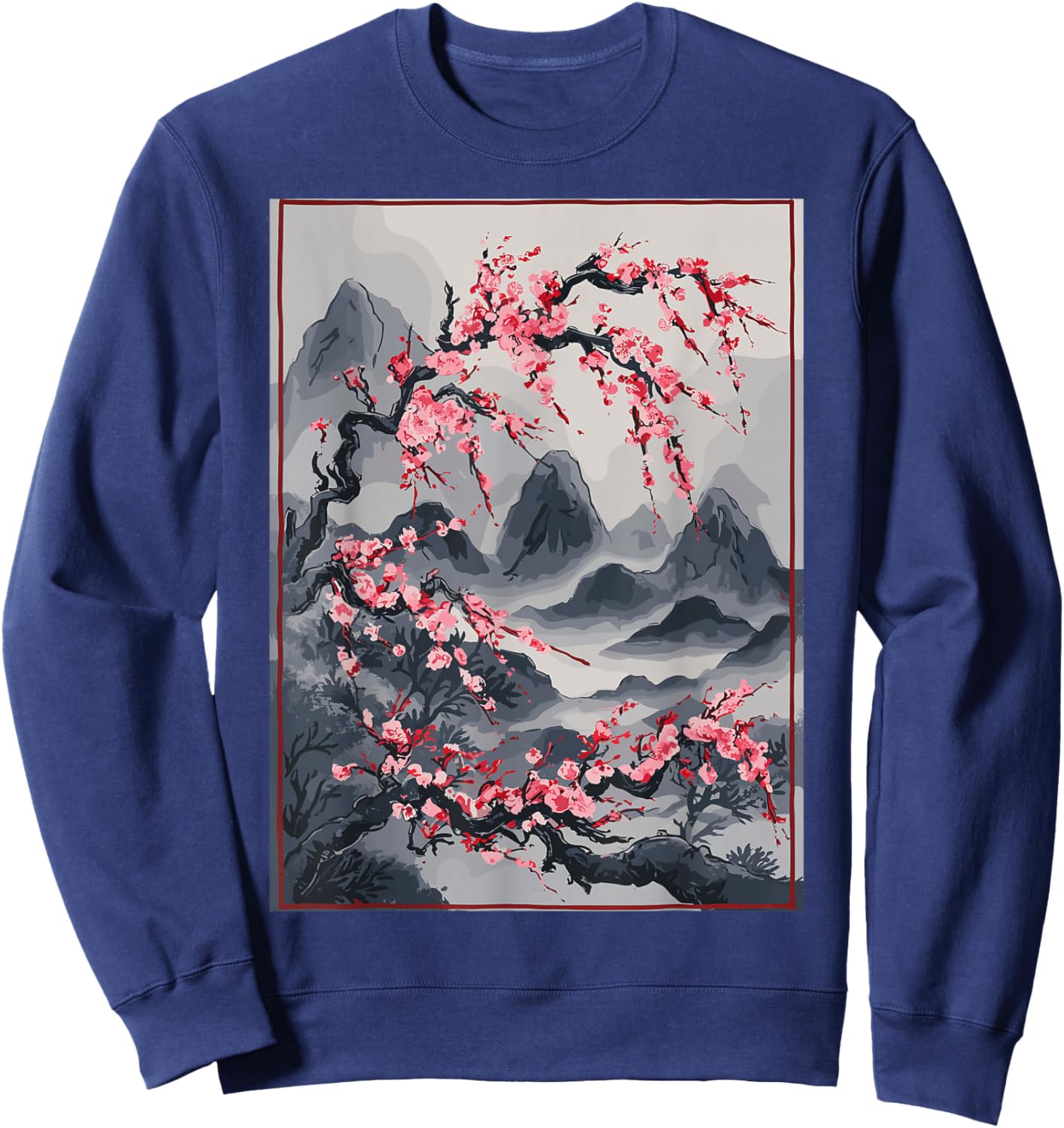 Vintage Cherry Blossom Landscape - Japanese Graphical Art Sweatshirt - Sweatshirt | Navy