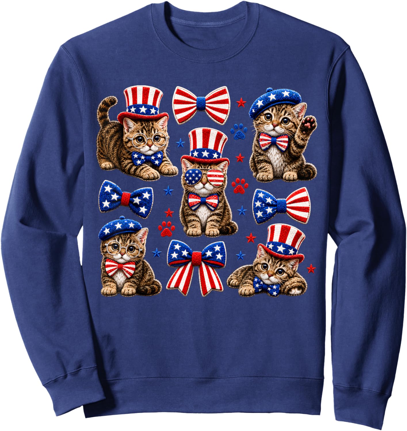 Patriotic Cat 4th of July Bow American Flag Girls Women Sweatshirt - Sweatshirt | Navy