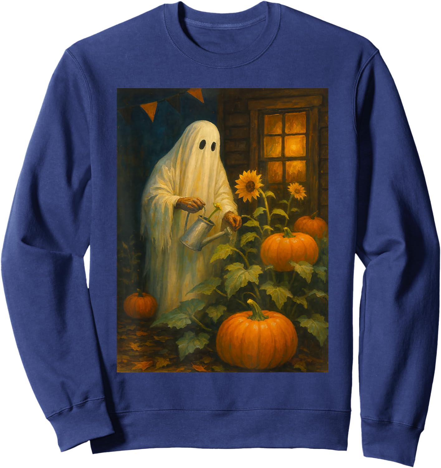 Vintage Floral Ghost Halloween Ghost in The Forest Gothic Sweatshirt - Sweatshirt | Navy