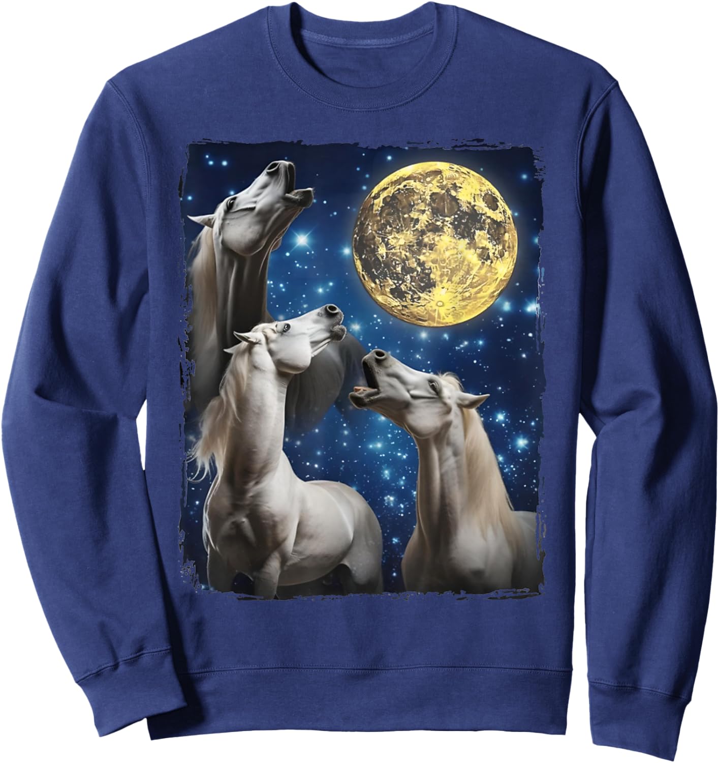 Three Horse Moon | 3 Horses Howling Funny Weird Cursed Meme Sweatshirt - Sweatshirt | Navy