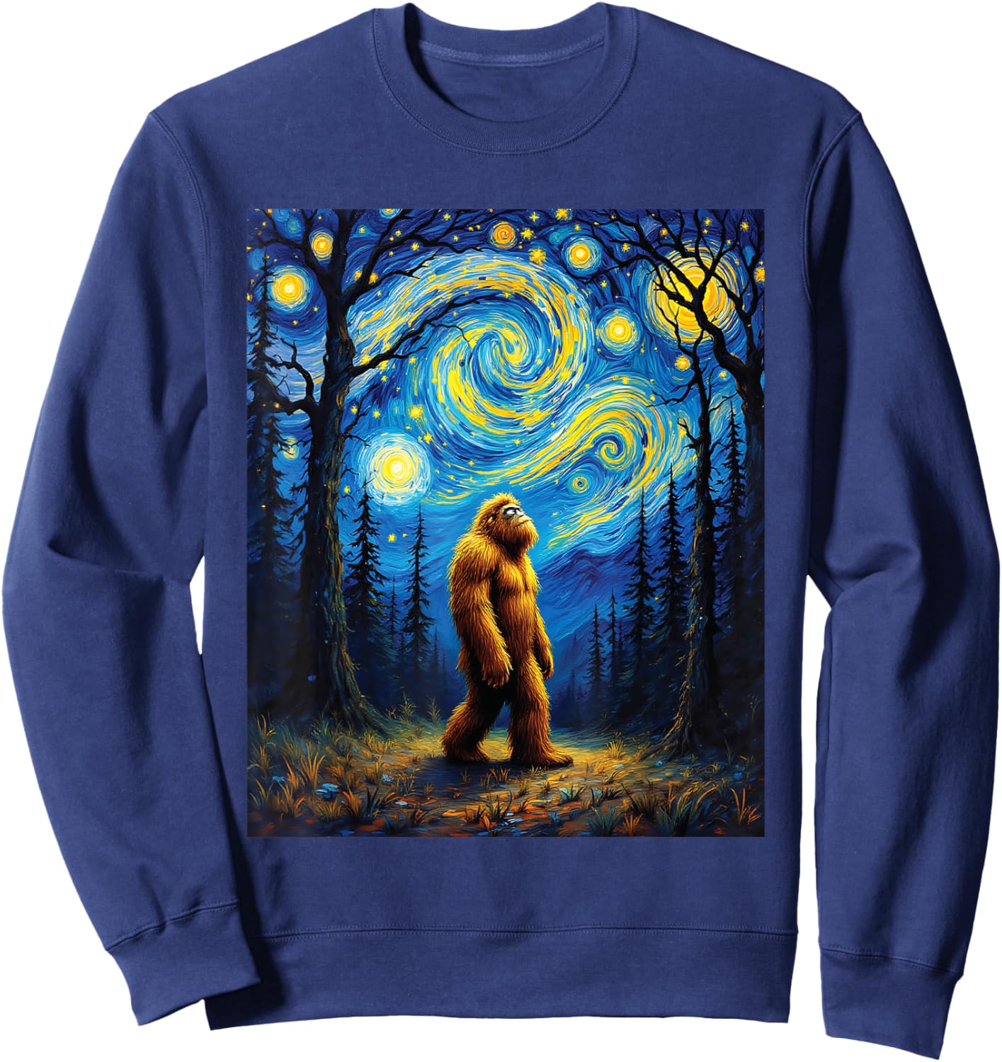 Sasquatch Bigfoot Van Gogh Starry Night Art Painting Graphic Sweatshirt - Sweatshirt | Navy