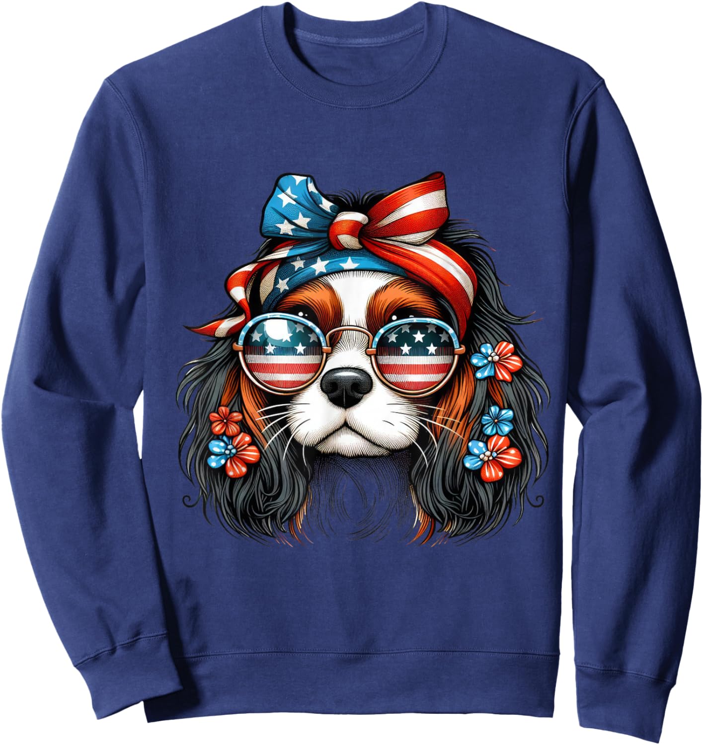 Girl 4th of July With Cavalier King Charles Spaniel Dog Sweatshirt - Sweatshirt | Navy