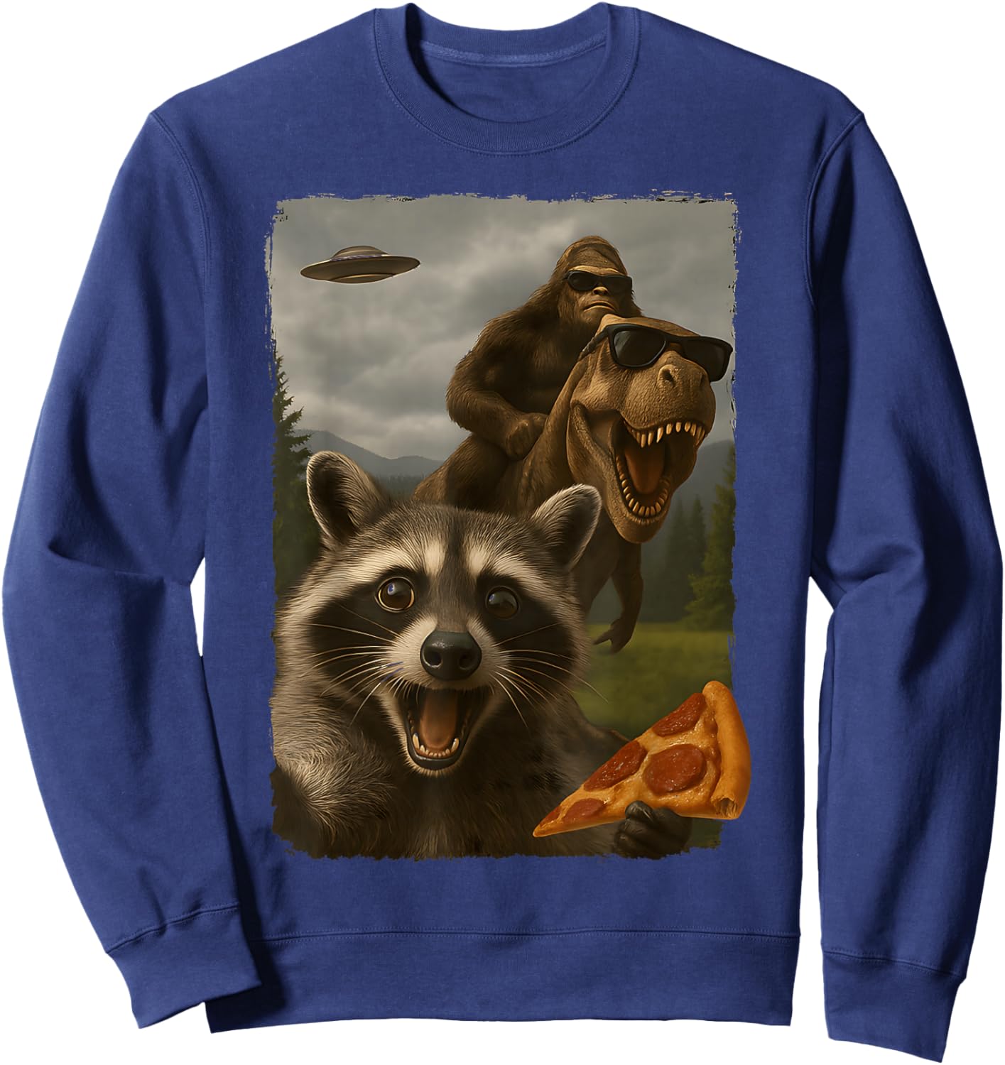 Funny Raccoon Selfie Bigfoot Sasquatch Riding T-Rex UFO Sweatshirt - Sweatshirt | Navy