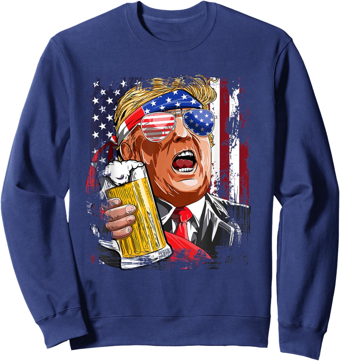 Donald Trump Drinking Beer Merica Trump 4th Of July US Flag Sweatshirt - Sweatshirt | Navy