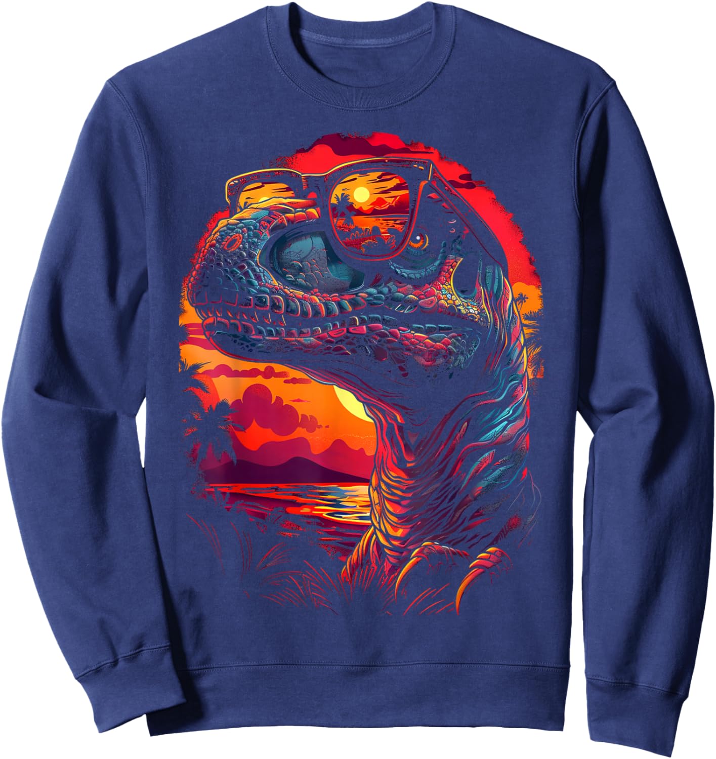 Dinosaur Wearing Shades Funny Vintage Graphic Sweatshirt - Sweatshirt | Navy