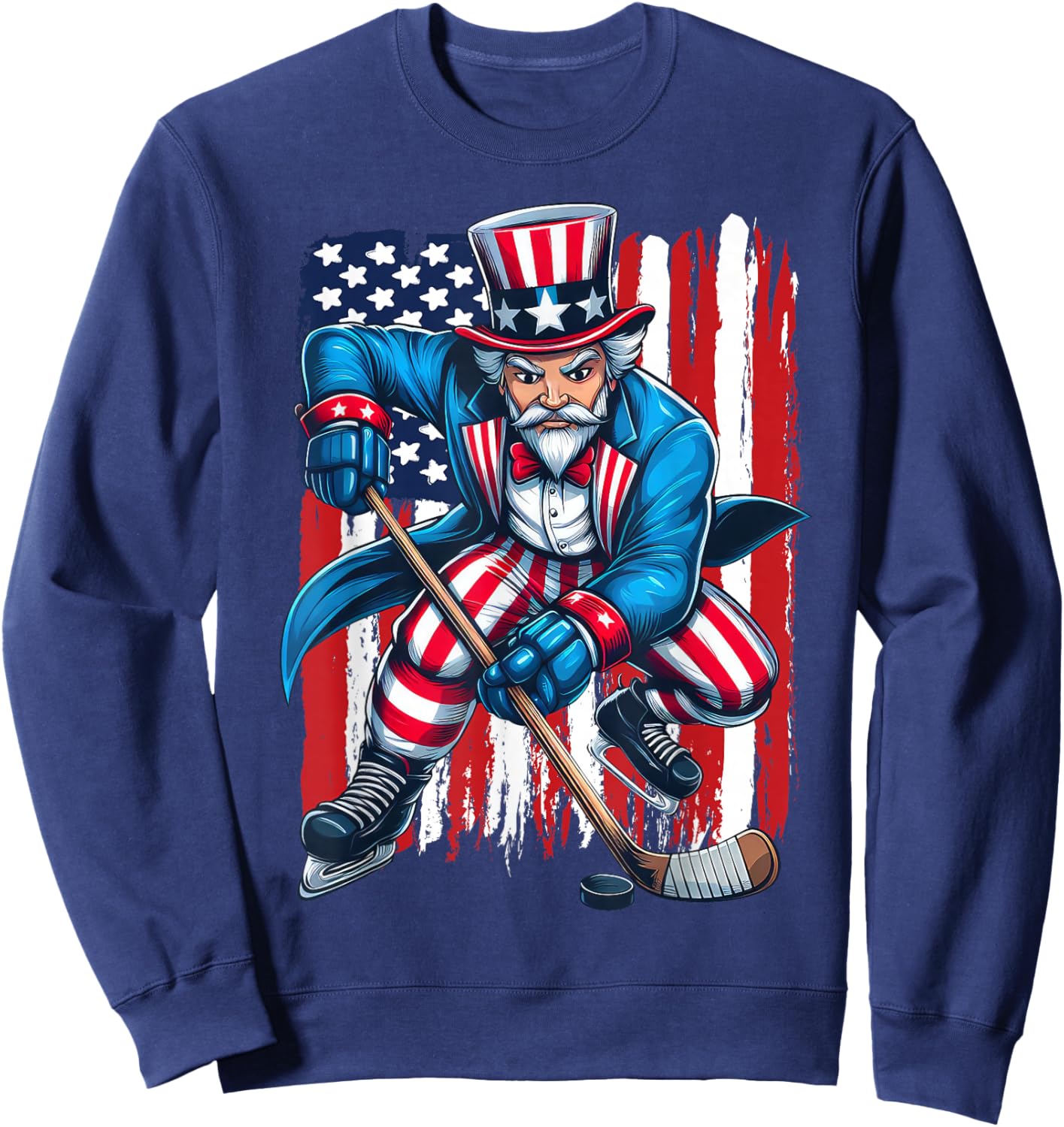 Uncle Sam Hockey Player 4th of July American Flag Sweatshirt - Sweatshirt | Navy