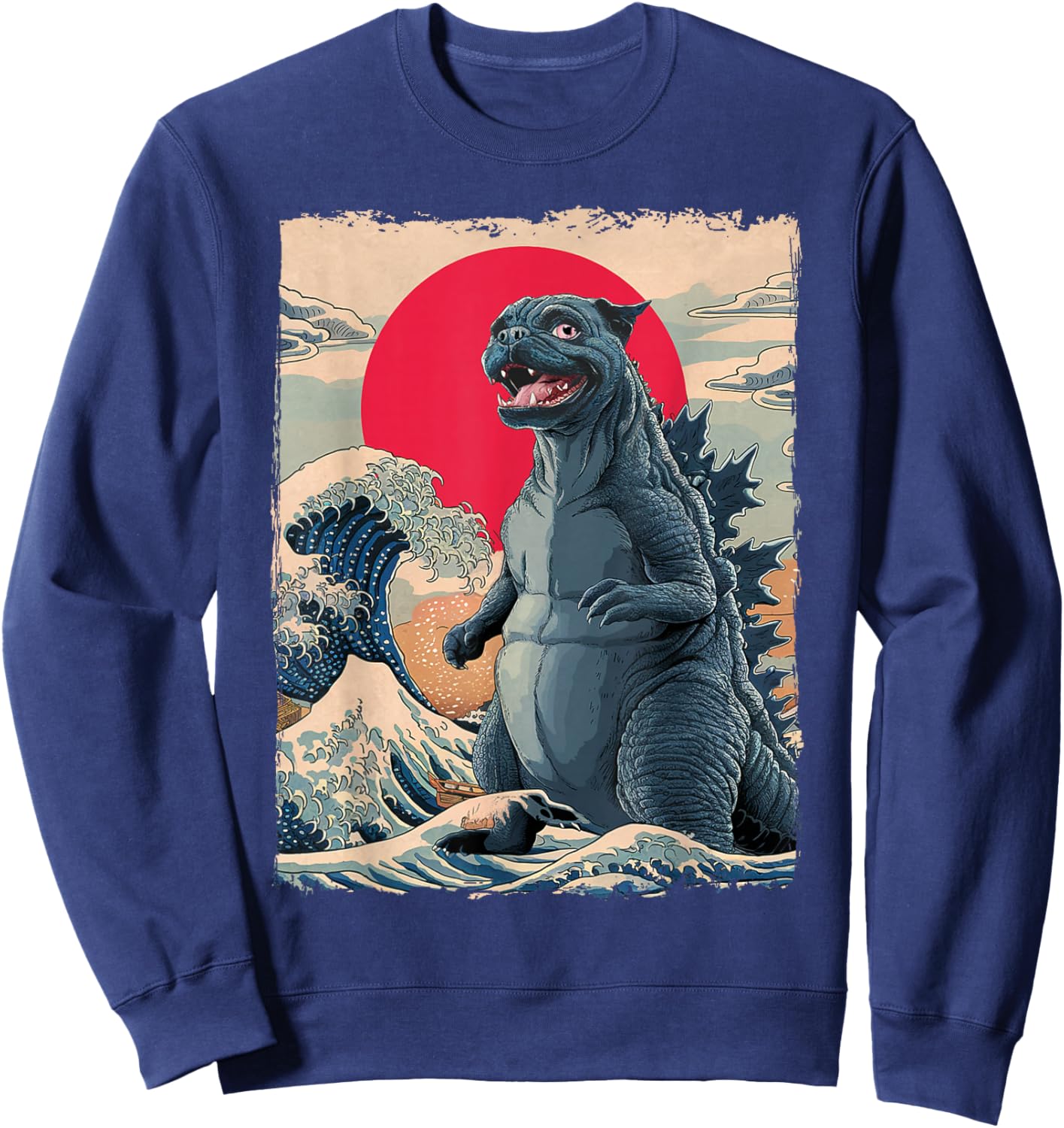 Pug Dog Funny Pugzilla Japanese Wave Art Sweatshirt - Sweatshirt | Navy