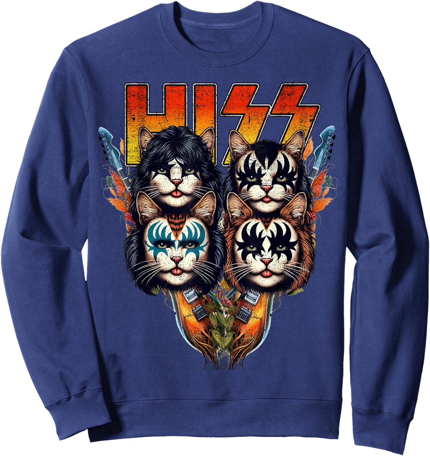 Hiss Funny Cats Kittens Parody Rock Rockin vintage retro cat Sweatshirt - Sweatshirt | Navy