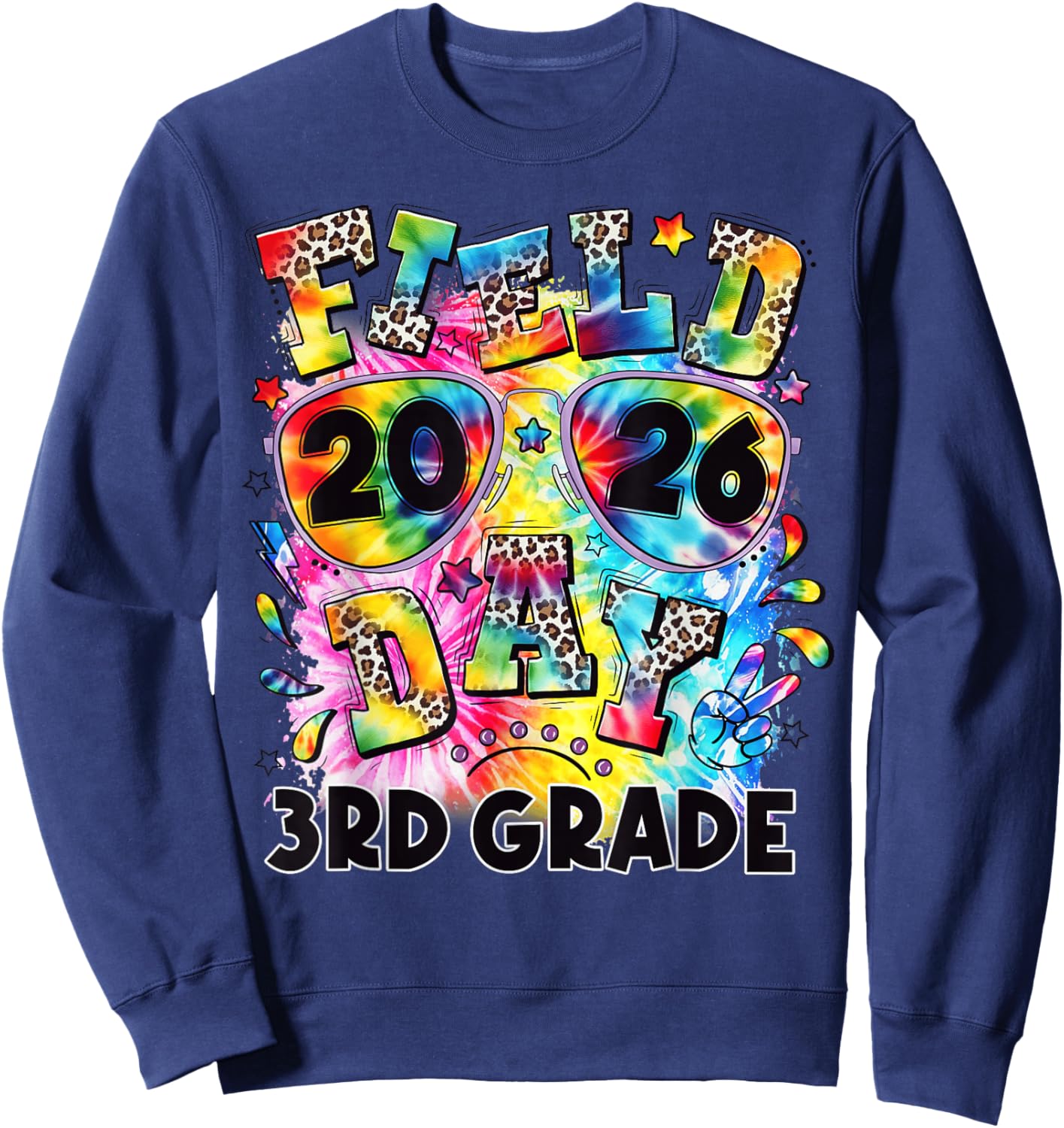 Field Day 2026 Third 3rd Grade Tie Dye Leopard School Sweatshirt - Sweatshirt | Navy