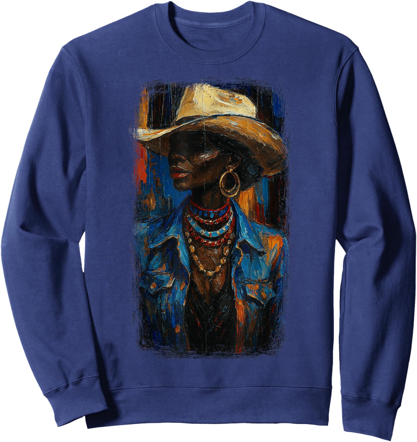 Black Afro American Cowgirl with Cowboy Hat Painting Sweatshirt - Sweatshirt | Navy