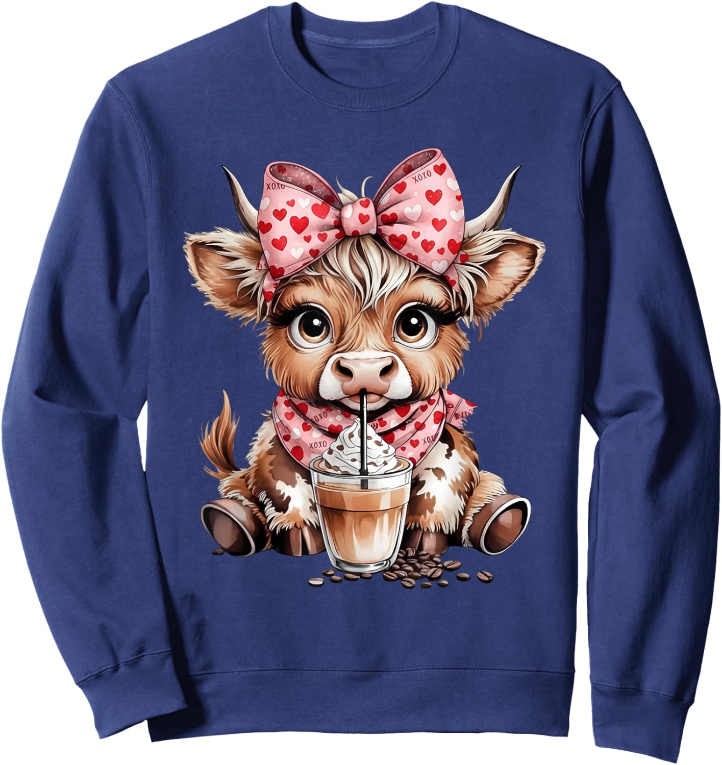 Highland Cow Coffee Leopard Bow Cowgirl Women Girls Sweatshirt - Sweatshirt | Navy