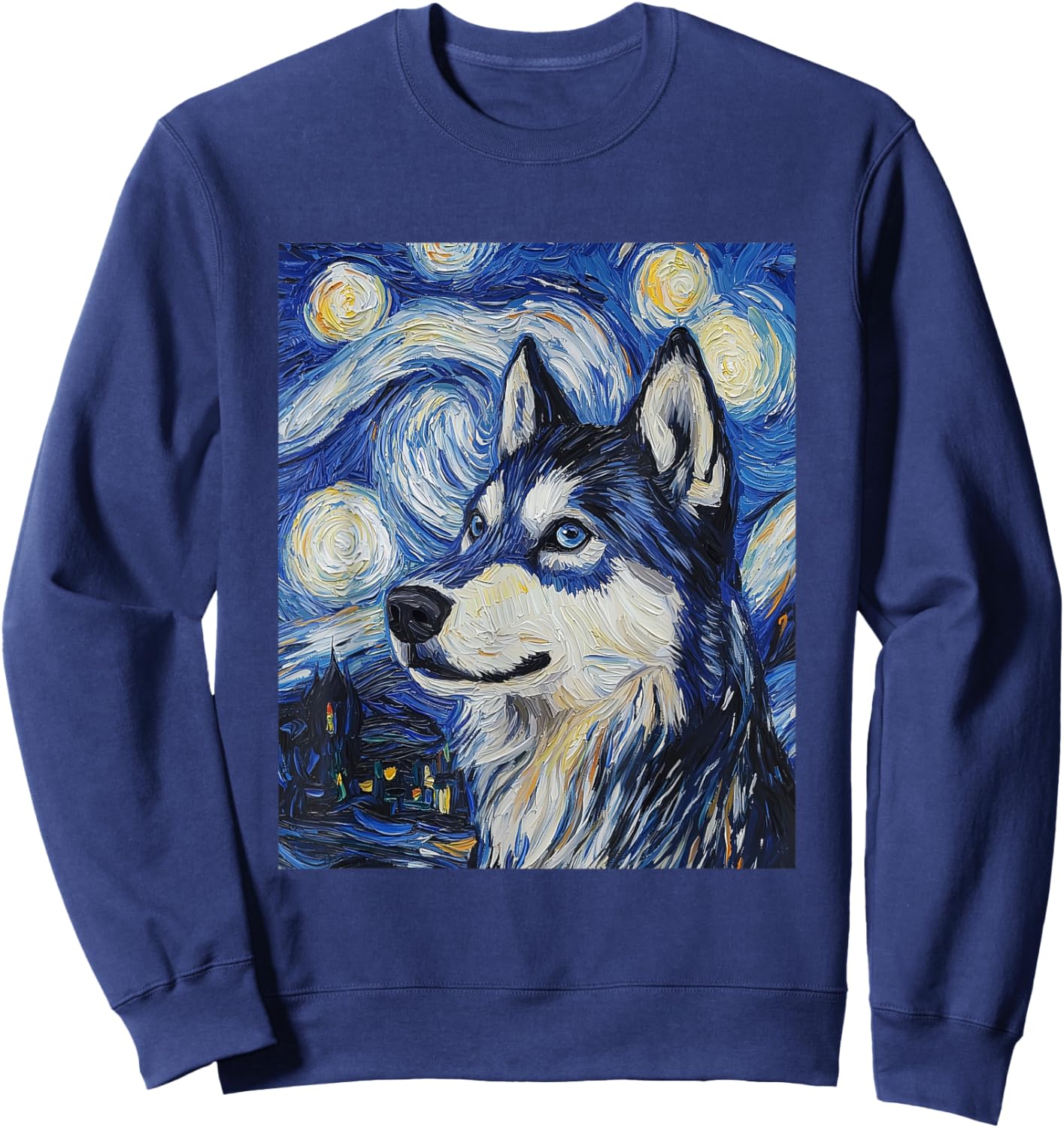 Siberian Husky Dog Wolf Van Gogh Style Starry Night Sweatshirt - Sweatshirt | Navy