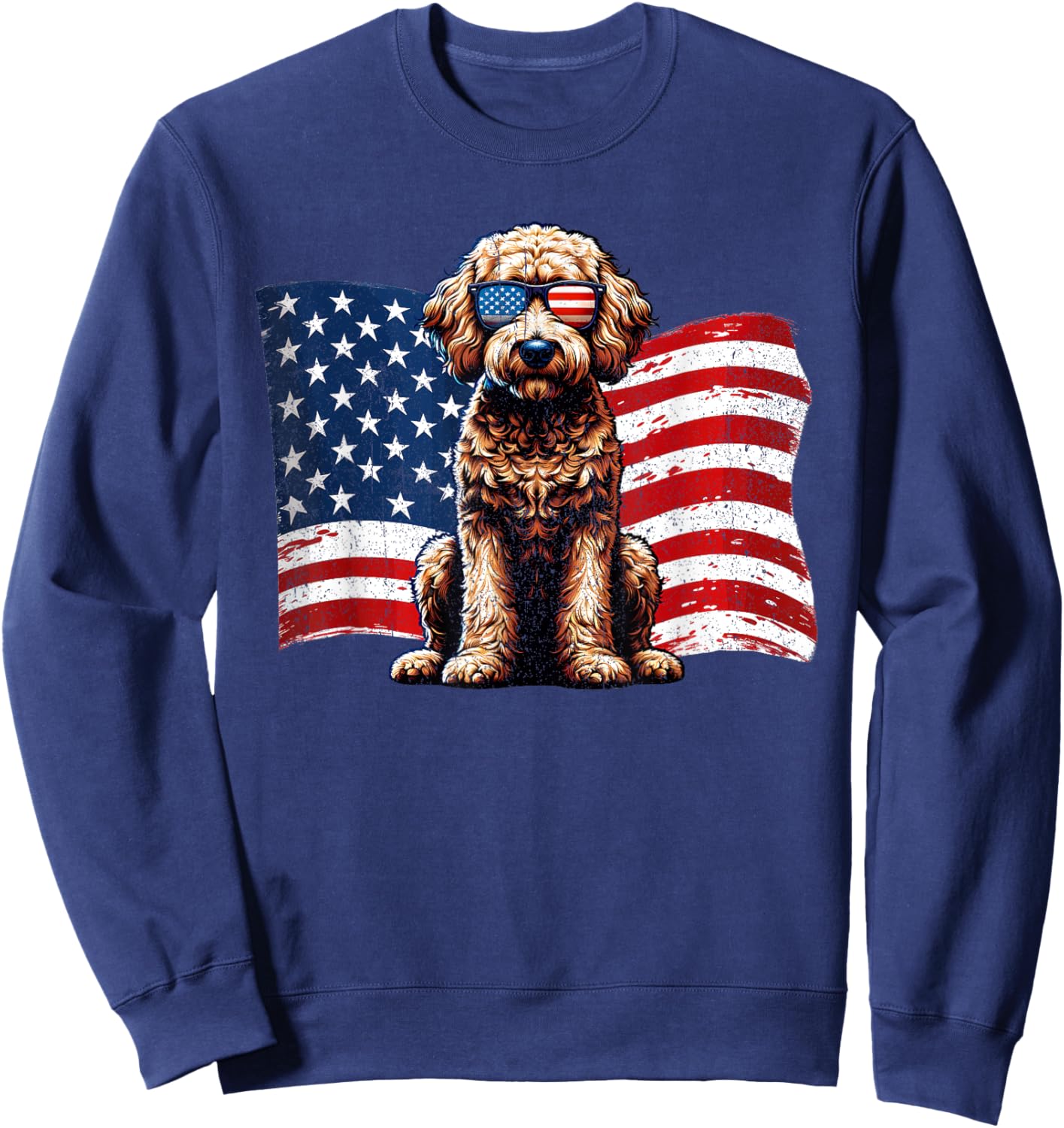Vintage Labradoodle Dogs American Flag Sunglasses Patriotic Sweatshirt - Sweatshirt | Navy