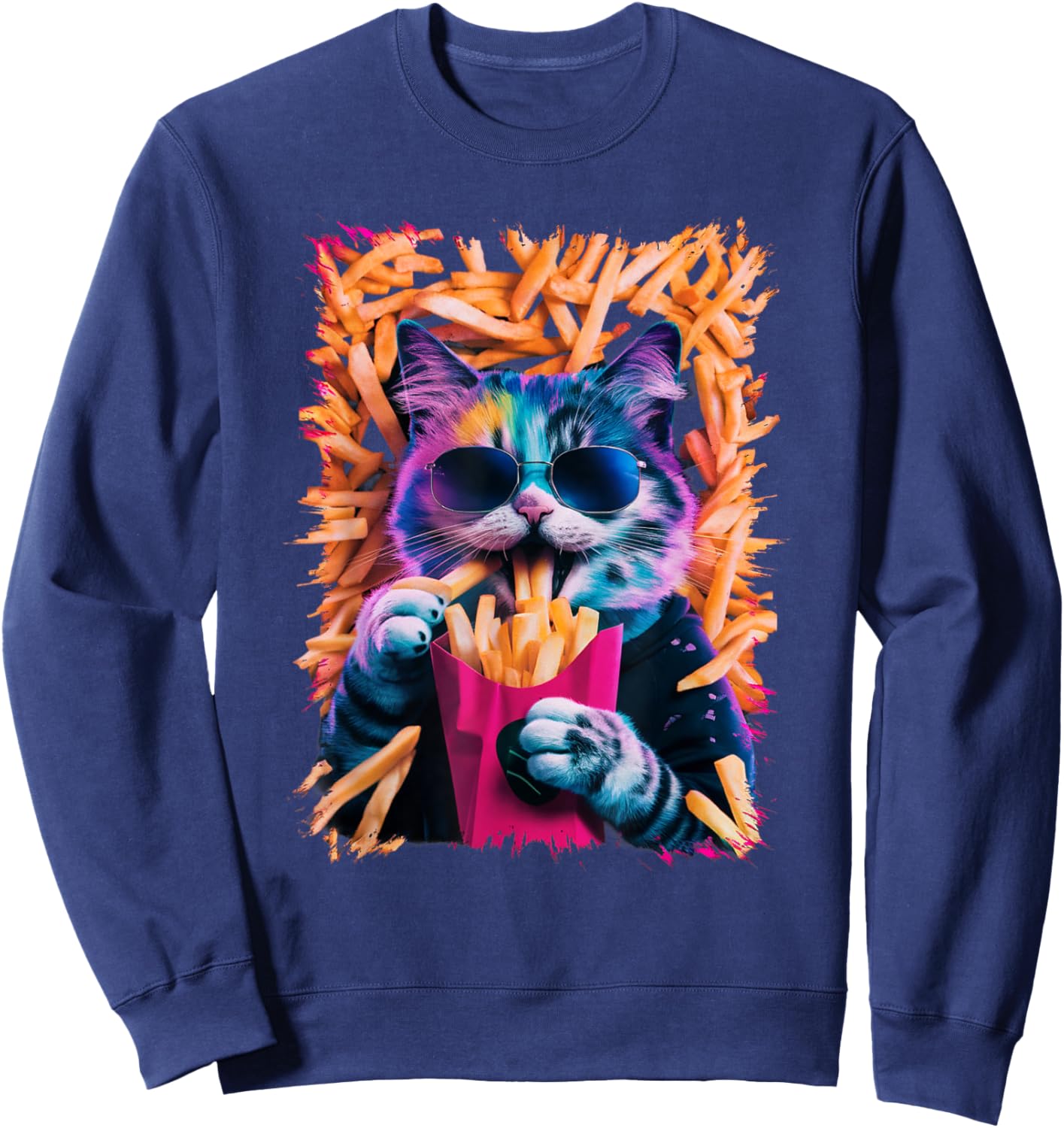 Funny Cat French Fries Humorous Potato Food Lovers Women Kids Sweatshirt - Sweatshirt | Navy