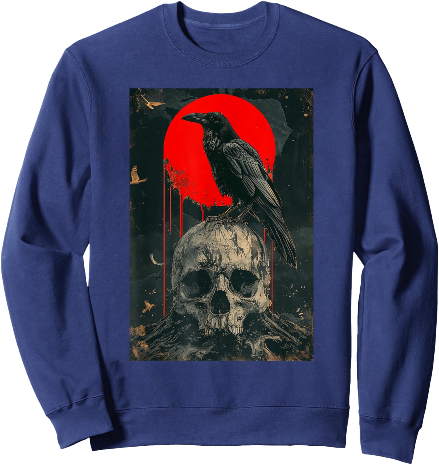 Red Moon Black Gothic Raven Skull Graphic Black Crow Sweatshirt - Sweatshirt | Navy