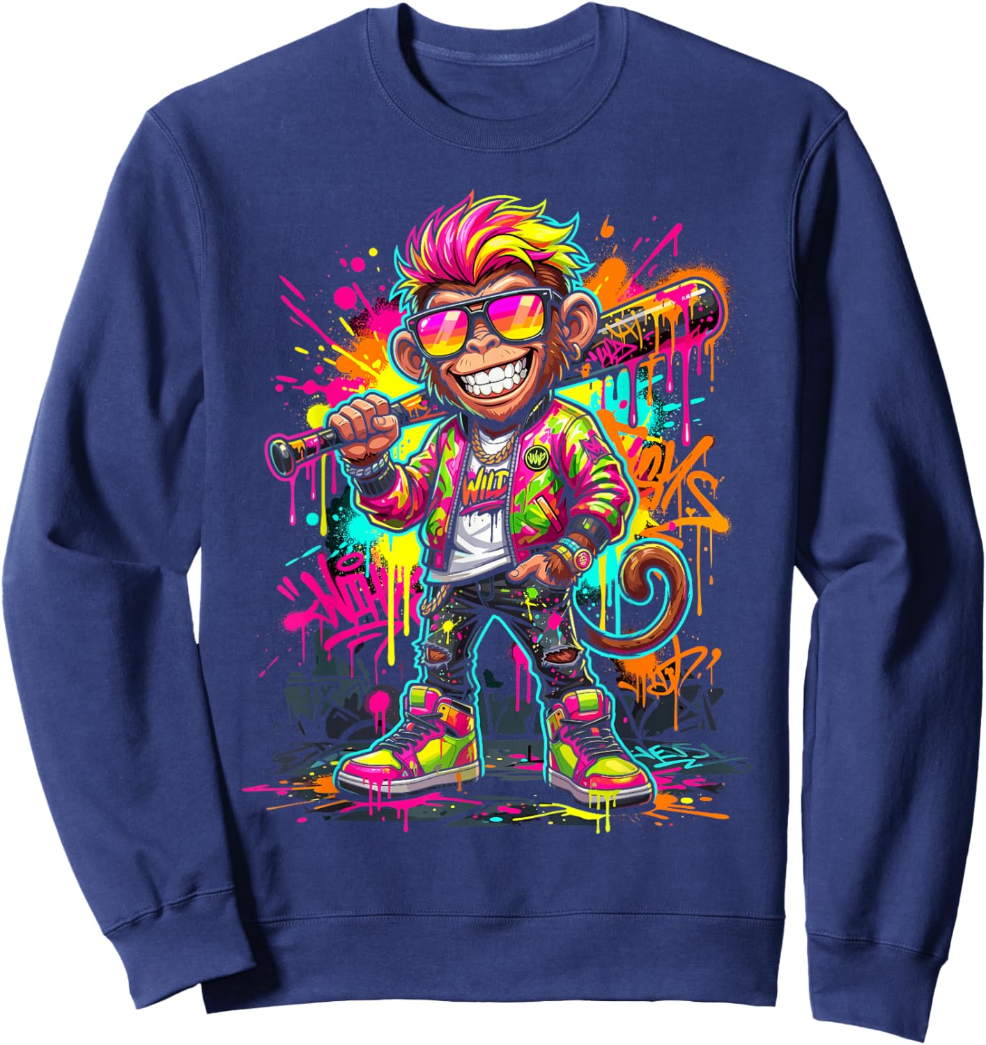 Monkey Baseball Drip Funny Animal Party Sport Cool Graphic Sweatshirt - Sweatshirt | Navy