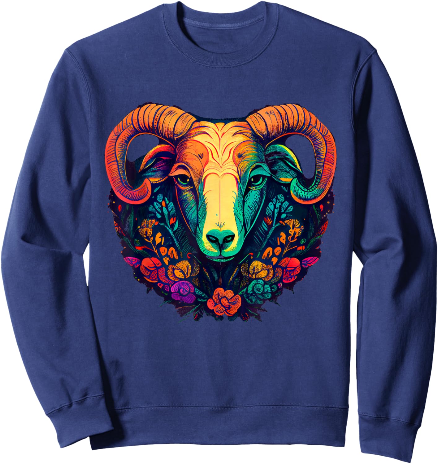 Vivid Ram Head with Floral Patterns Sweatshirt - Sweatshirt | Navy