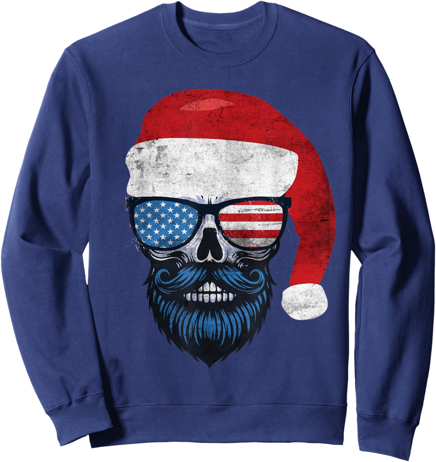 Hipster Santa US Flag Bearded Skull Sunglasses Patriotic Sweatshirt - Sweatshirt | Navy