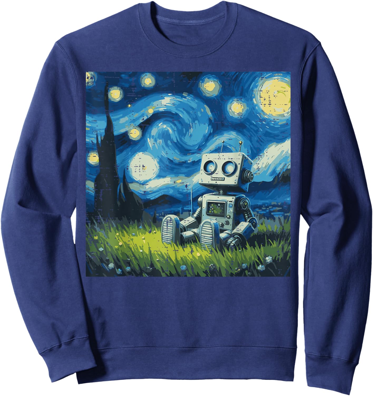 Robot Starry Night Funny Painting Art Meme Kids Men Women Sweatshirt - Sweatshirt | Navy