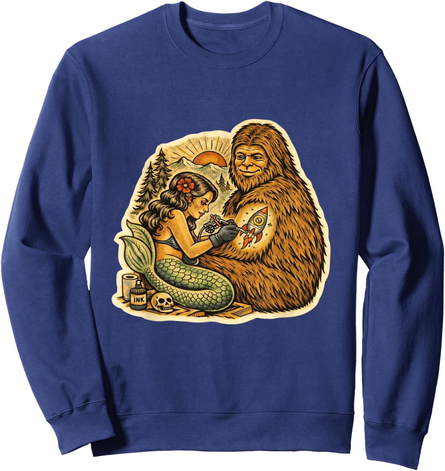 Bigfoot Mermaid Tattoo Funny Cryptid Art Graphic Sweatshirt - Sweatshirt | Navy