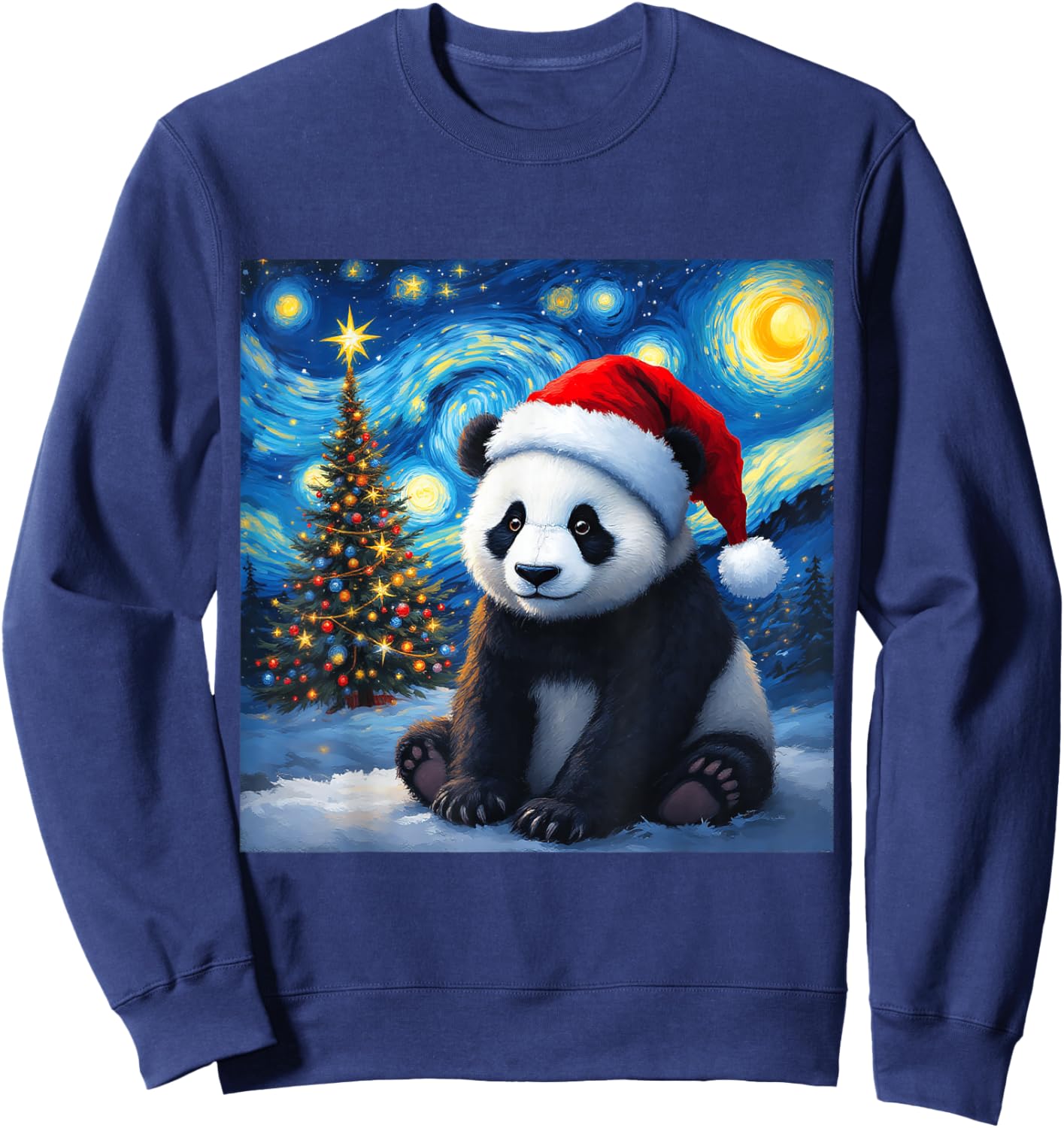 Christmas Panda Santa Hat Van Gogh Starry Night Holiday Sweatshirt - Sweatshirt | Navy