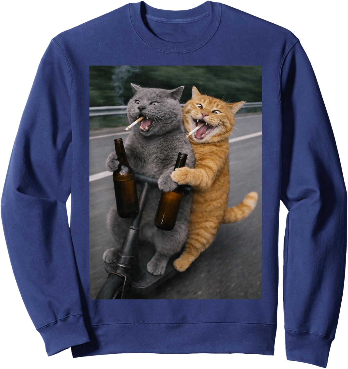 Funny Cat Smoking Cigarette and Drinking Sweatshirt - Sweatshirt | Navy