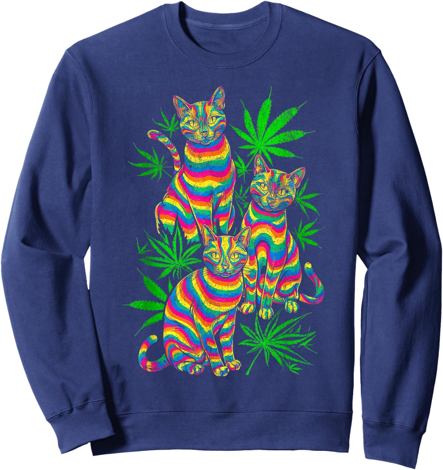 Psychedelic Cats Trippy Marijuana Pot Leaf Weed Cannabis 420 Sweatshirt - Sweatshirt | Navy