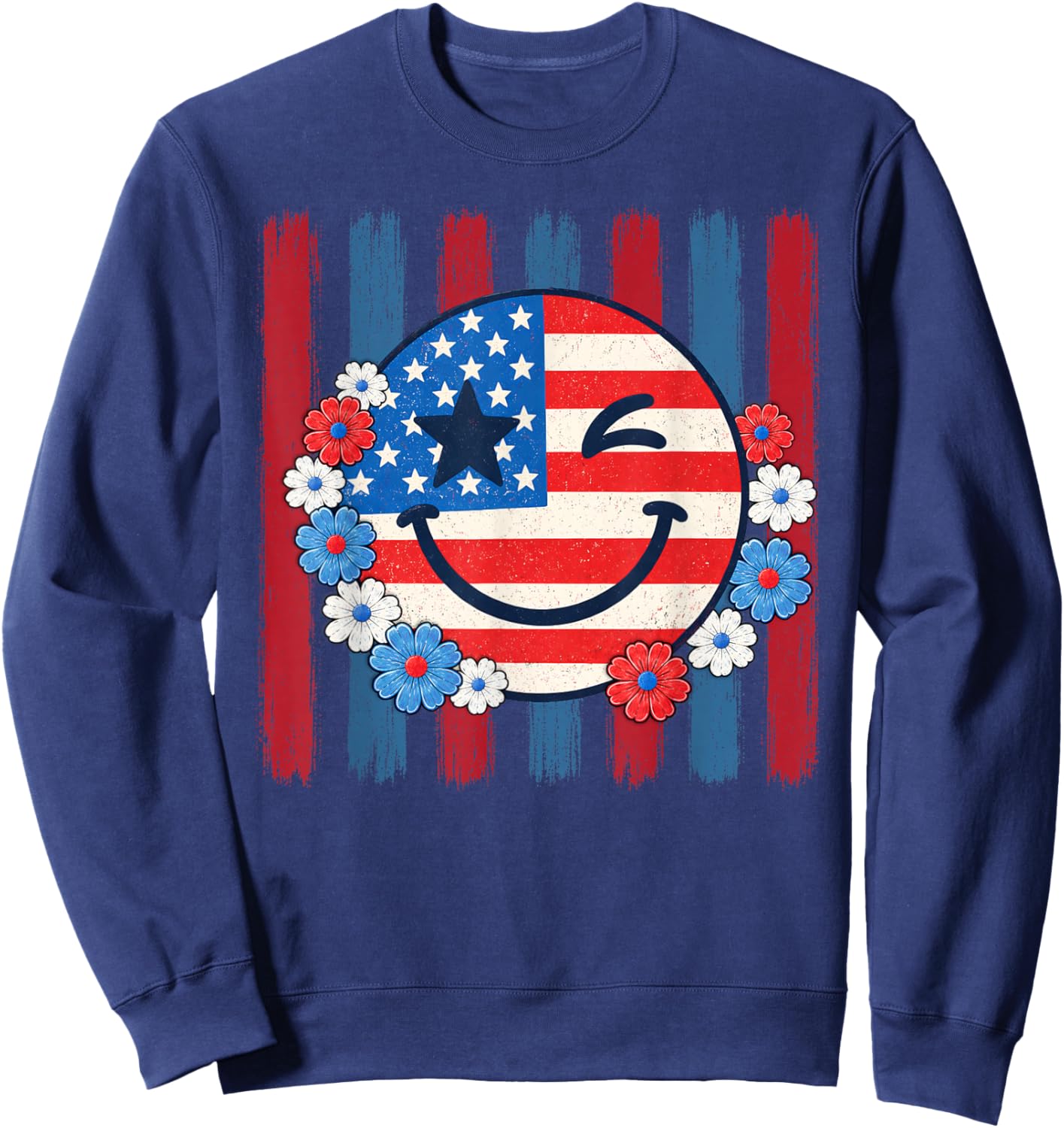 Happy 4th of July Groovy Smile Face Red White Blue USA Flag Sweatshirt - Sweatshirt | Navy