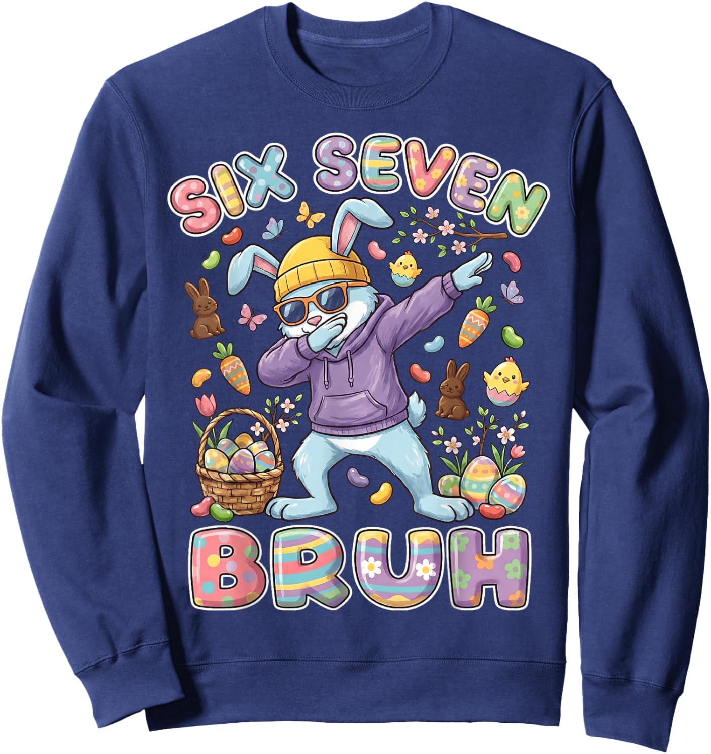 Six Seven Bruh Dabbing Bunny Rabbit 67 Easter Boys Kid Youth Sweatshirt - Sweatshirt | Navy