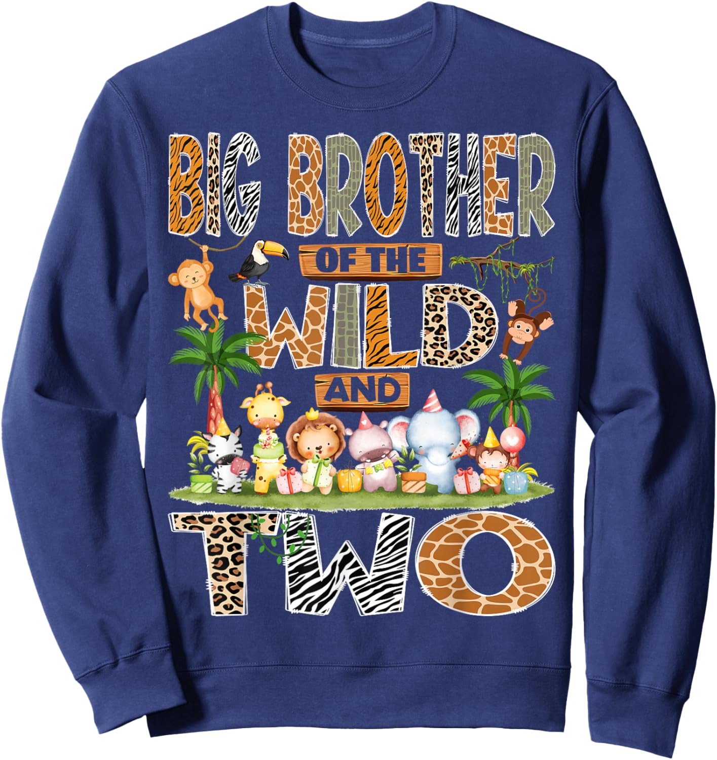 Big Brother of The Wild & Two 2nd Birthday Boy Safari Jungle Sweatshirt - Sweatshirt | Navy