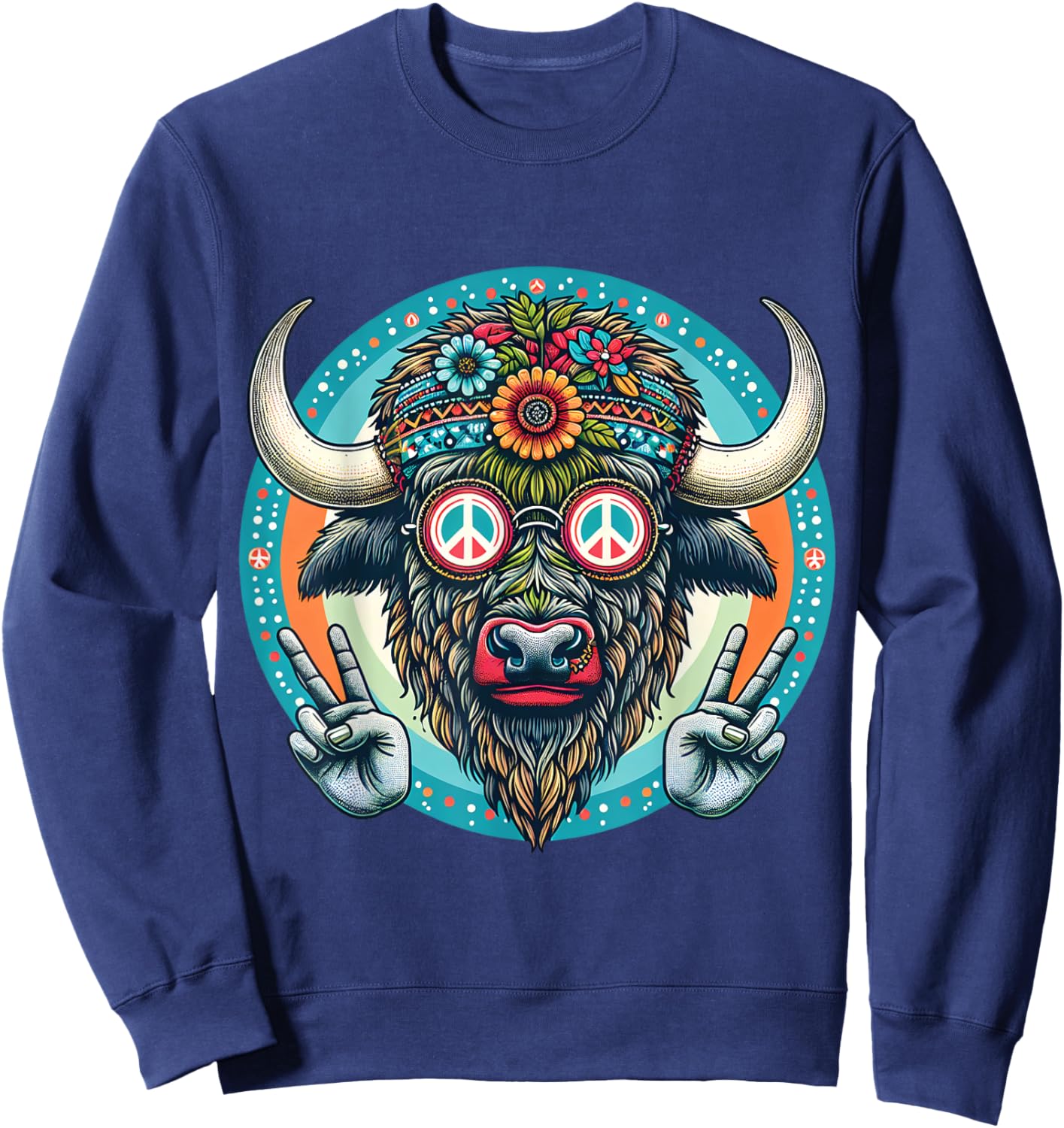 Buffalo Hippie with Peace signs floral Sweatshirt - Sweatshirt | Navy