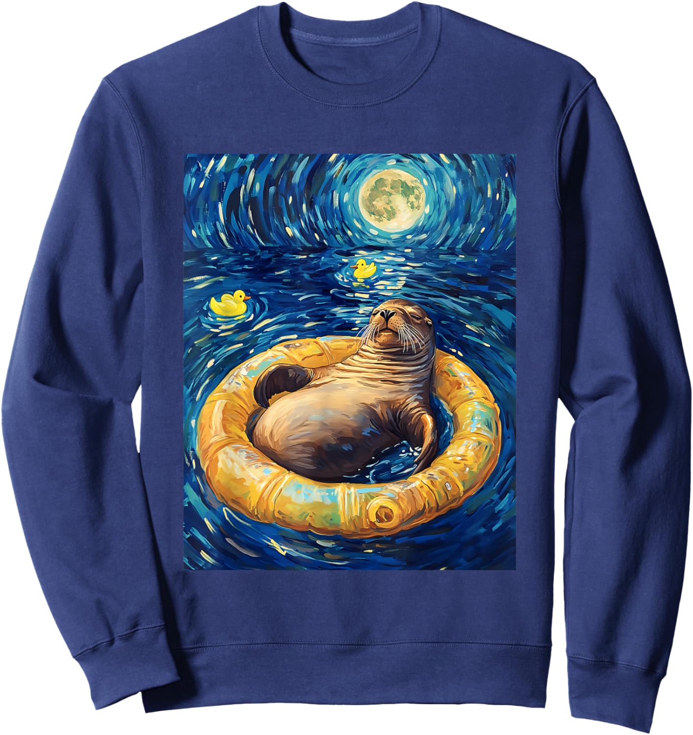Sea Lions Illustration Starry Night Sweatshirt - Sweatshirt | Navy