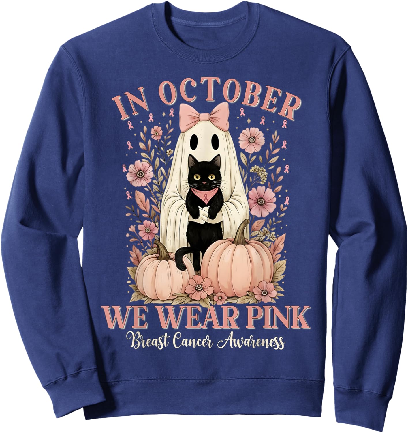 in October We Wear Pink Ghost Halloween Cat Breast Cancer Sweatshirt - Sweatshirt | Navy