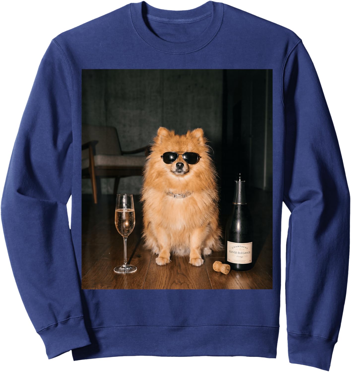 Pomeranian Drinking Champagne Funny Fathers Day Sweatshirt - Sweatshirt | Navy