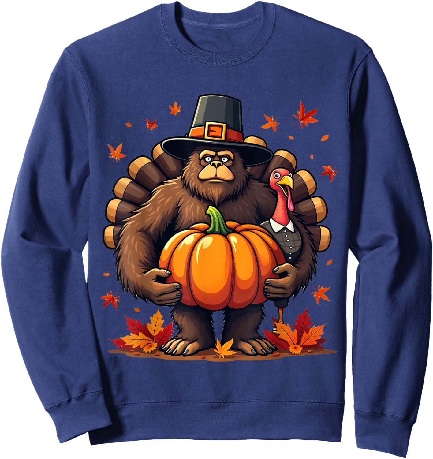 Bigfoot Pilgrim Thanksgiving with Pumpkin and Turkey Sweatshirt - Sweatshirt | Navy