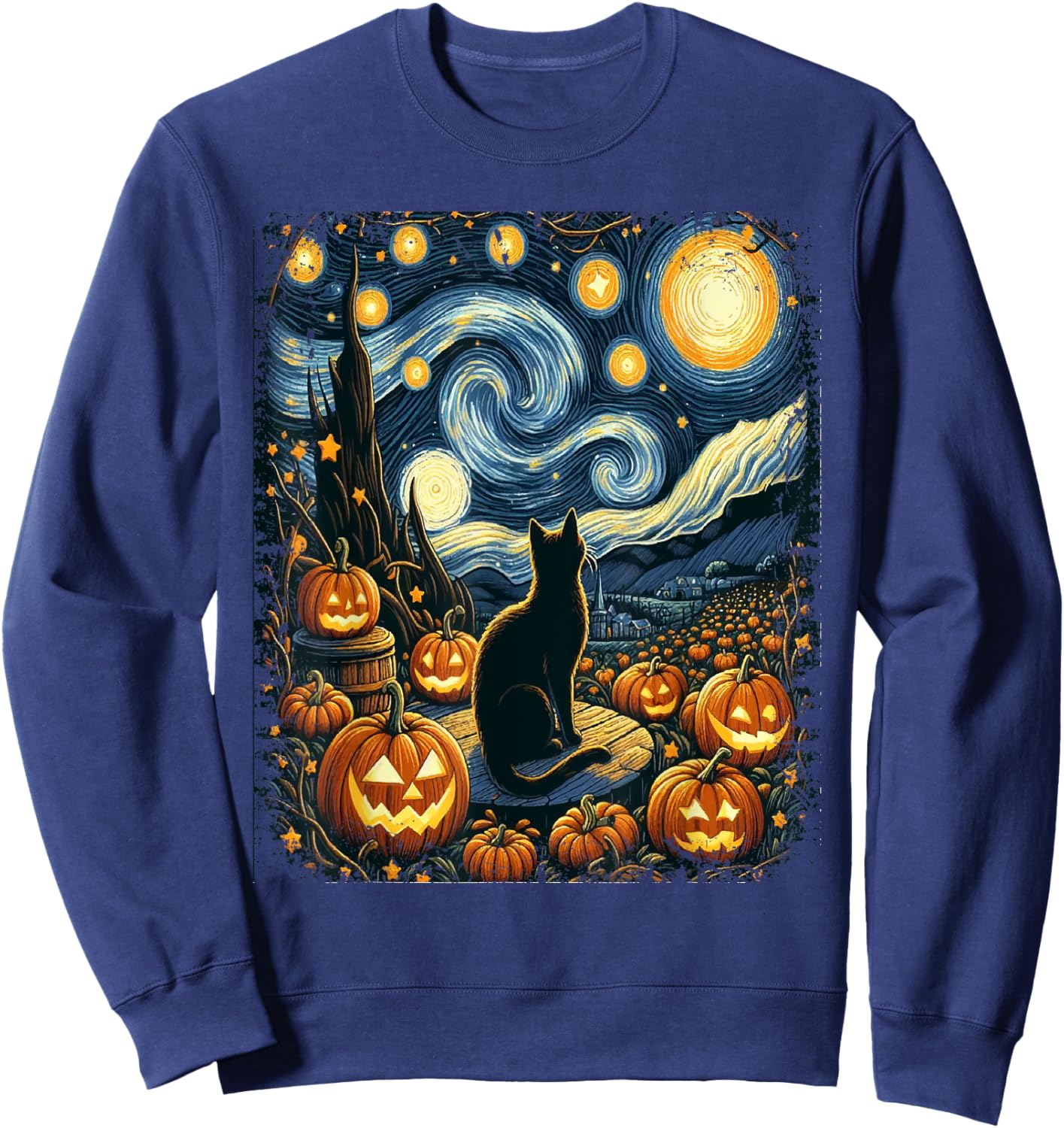 Halloween Van Gogh Starry Night Black Cat Pumpkins Men Women Kids Sweatshirt - Sweatshirt | Navy