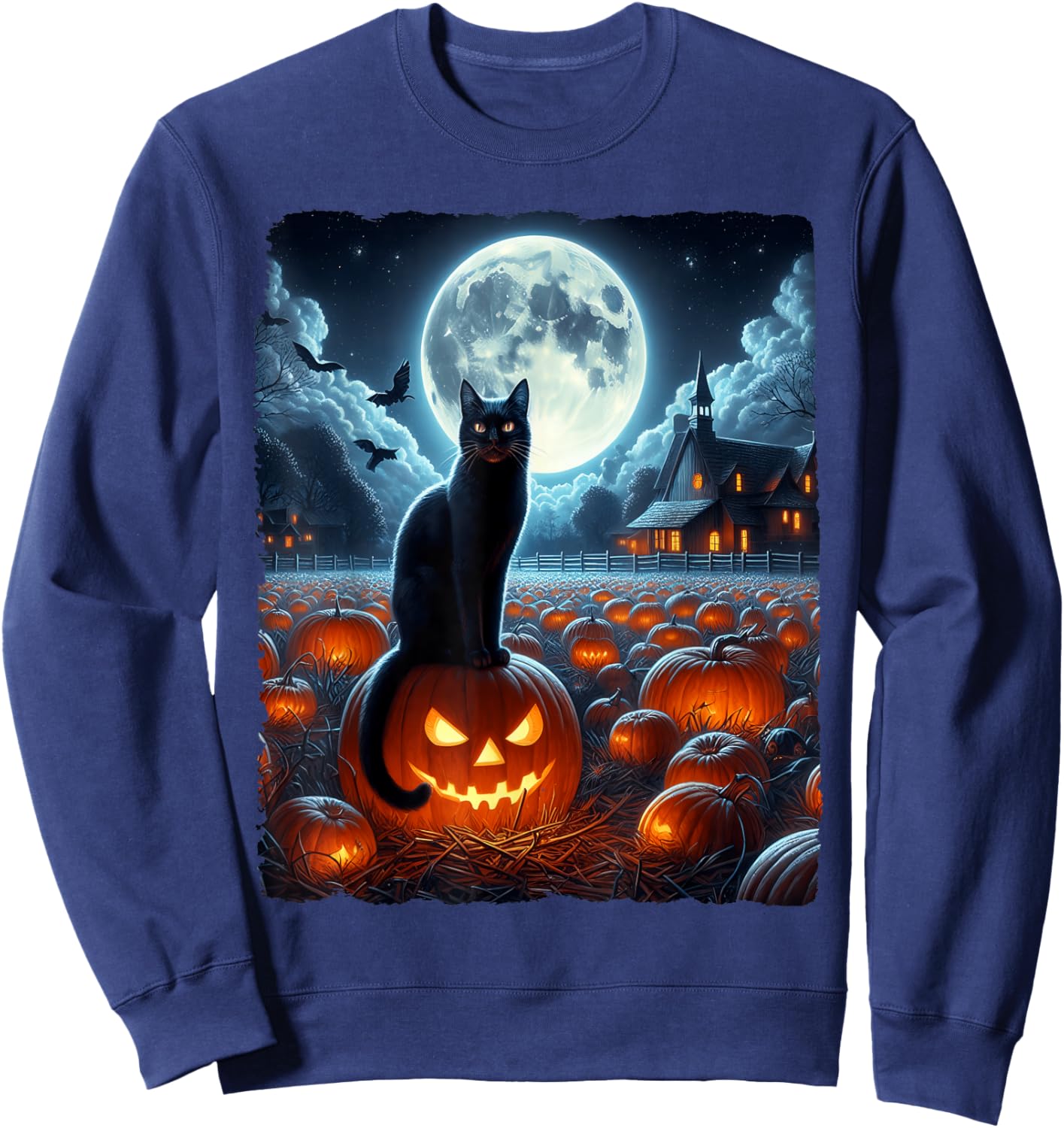Black Cat Halloween Cat Lovers Starry Night Cat Van Gogh Cat Sweatshirt - Sweatshirt | Navy