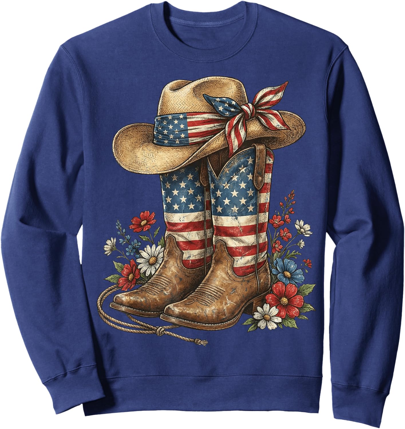 Western Cowboy Boots USA Flag 4th of July Patriotic Cowgirl Sweatshirt - Sweatshirt | Navy