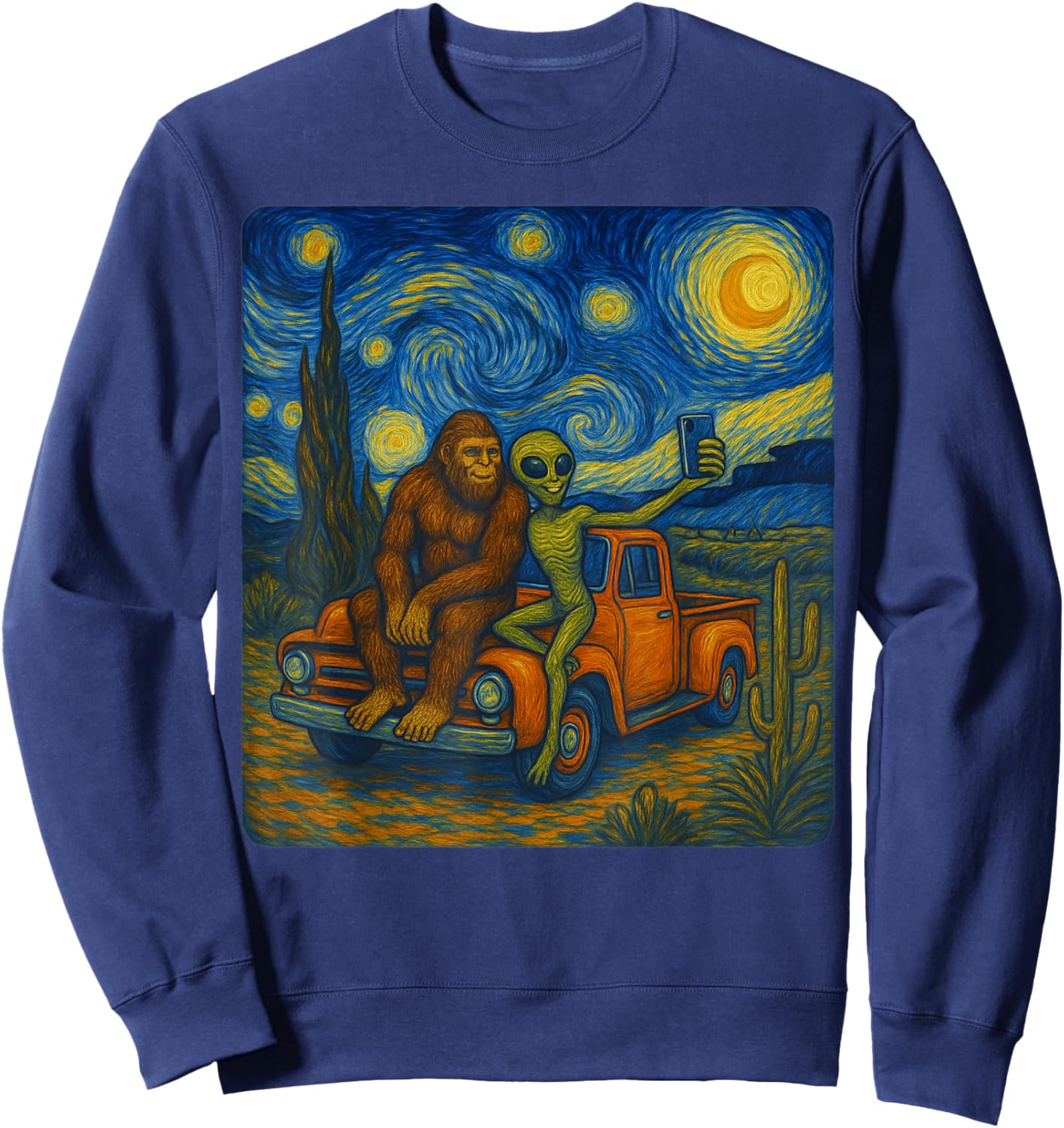 Starry Night Bigfoot & Alien Van Gogh Art Inspired Sweatshirt - Sweatshirt | Navy