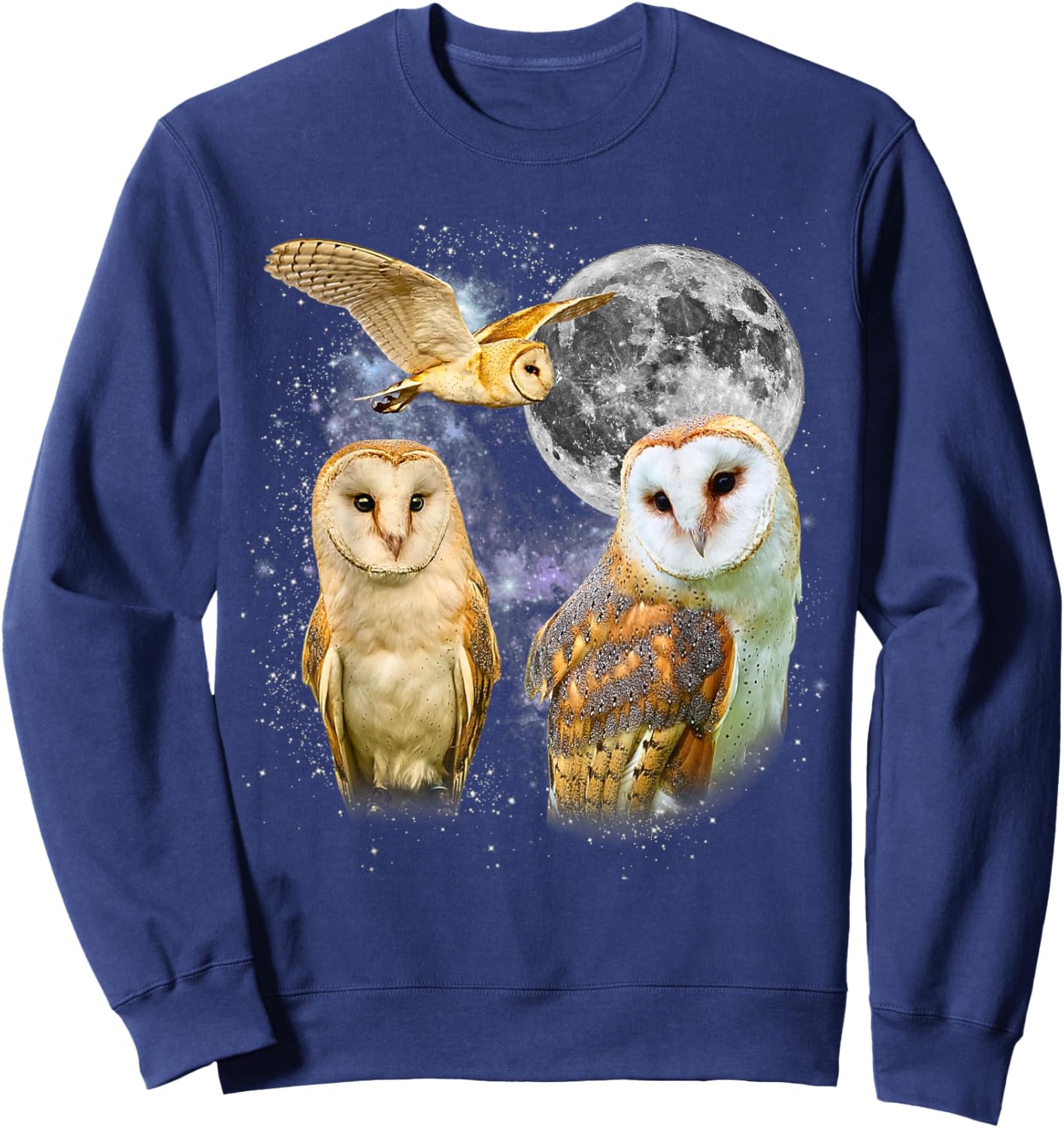 Three Barn Owl Moon Retro Graphic 90s Vintage Sweatshirt - Sweatshirt | Navy