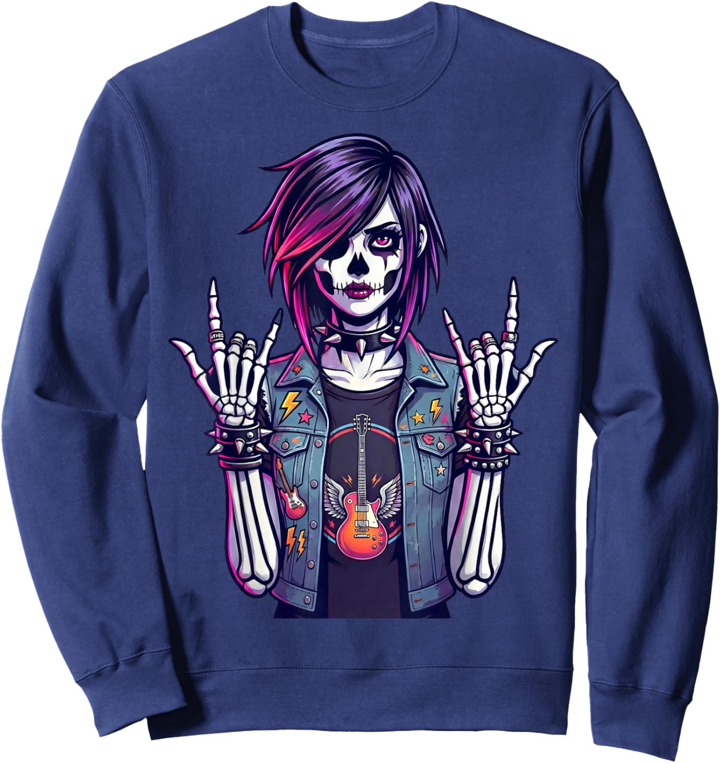 Goth Skeleton Girl Rock Guitar Punk Skull Art Rock'n Roll Sweatshirt - Sweatshirt | Navy