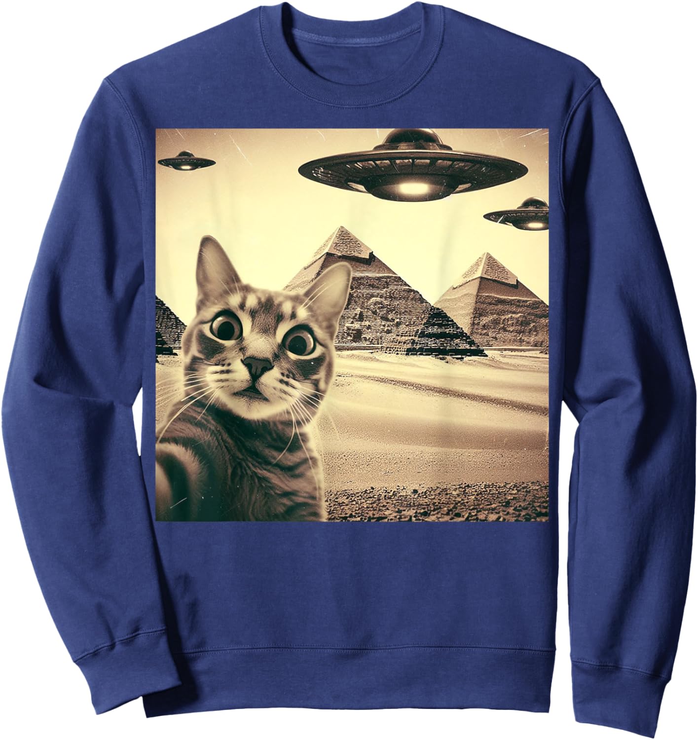 Cat Selfie With Alien UFO Funny Cat Gifts Women Kid Sweatshirt - Sweatshirt | Navy