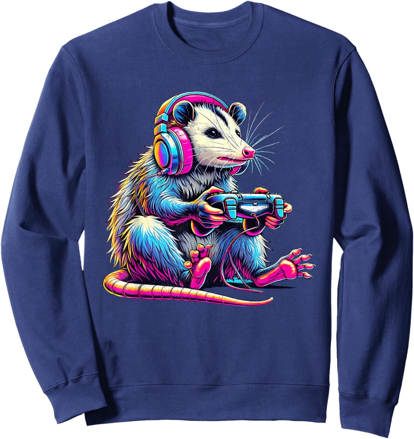 Funny Retro Opossum Gaming - -Adults/Kids - Black - Small - Short Sleeve - - Retro Gaming - Opossum Lover & Gamer Sweatshirt - Sweatshirt | Navy